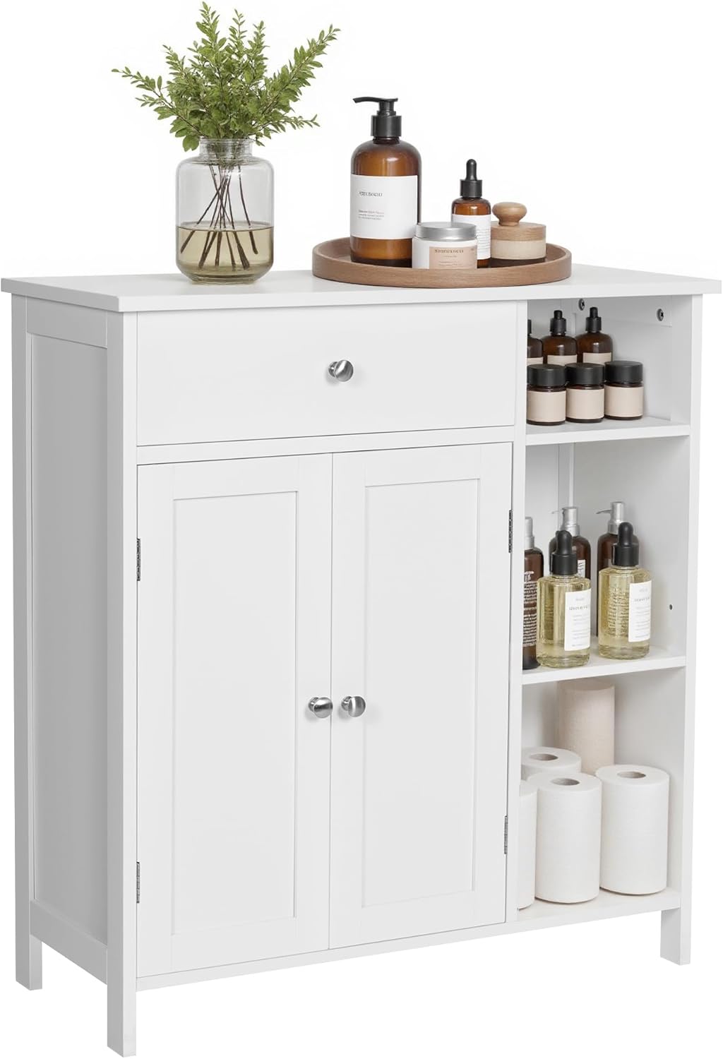 Freestanding Cabinet with Doors, 3 Open Compartments, Adjustable Shelves, 11.8 x 29.5 x 31.5 Inches, for Bathroom