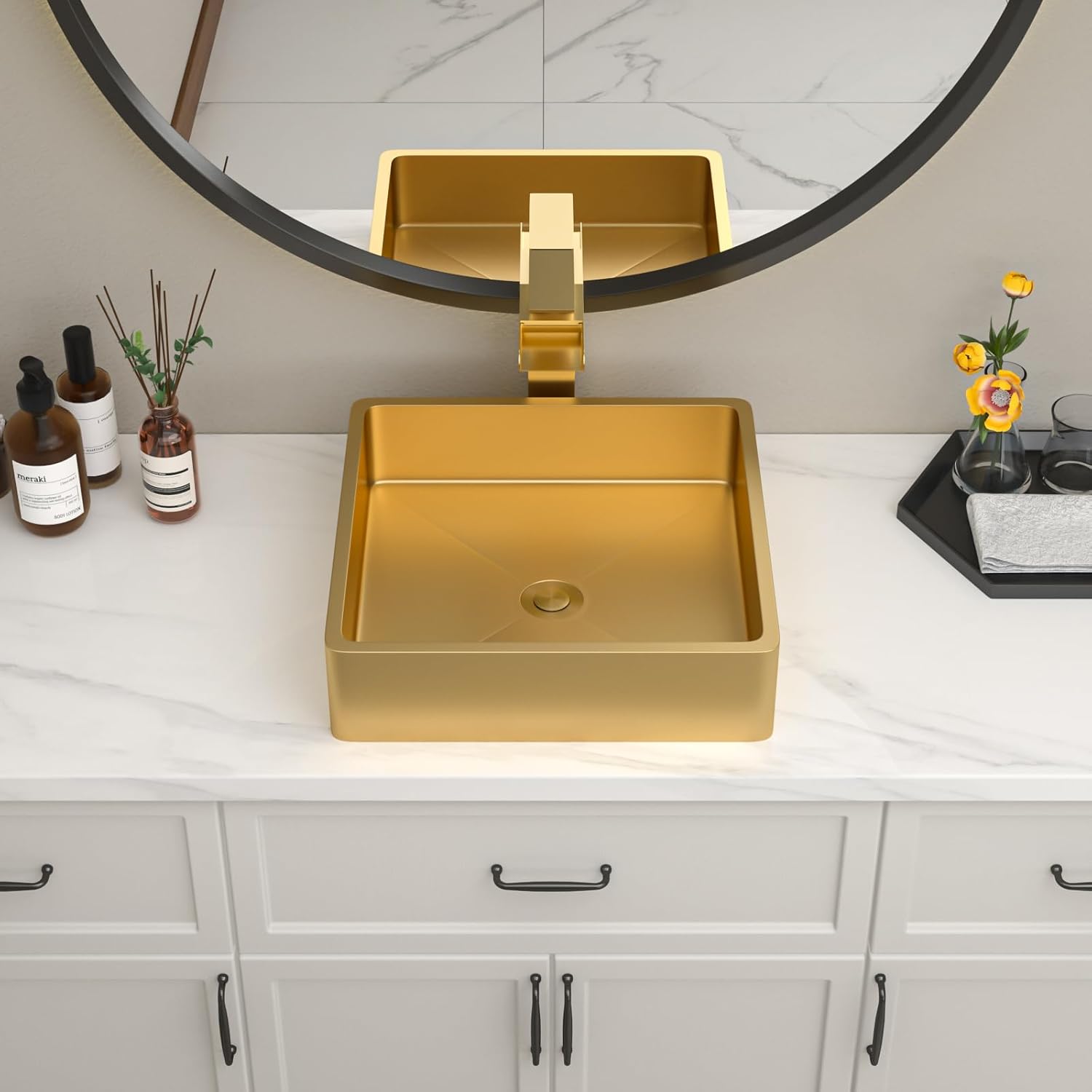 24" Gold Bathroom Vessel Sink 16 Gauge Nano Titanium Plating Rectangle Vessel Sink