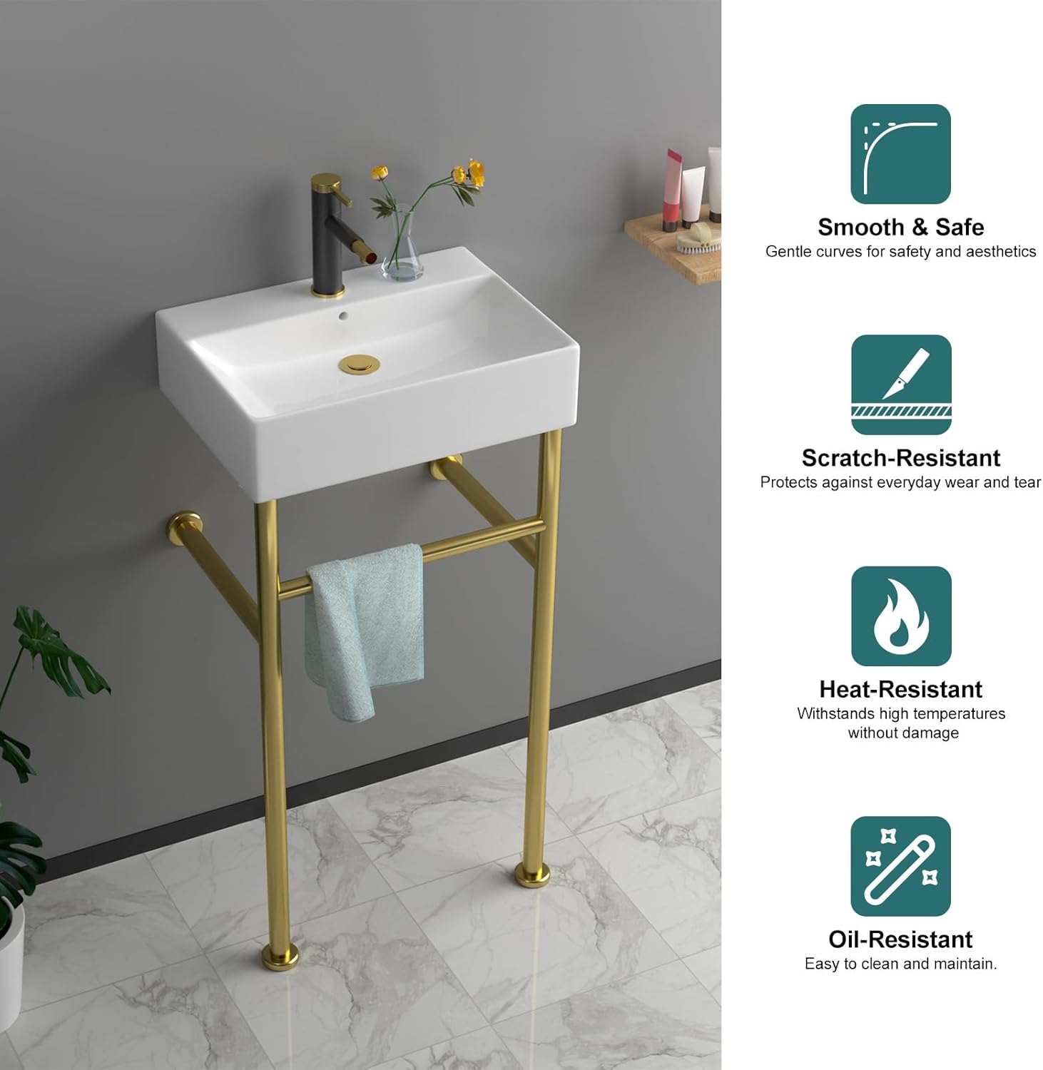 Rectangular Ceramic Console Sink with Brushed Gold Stainless Steel Pedestal