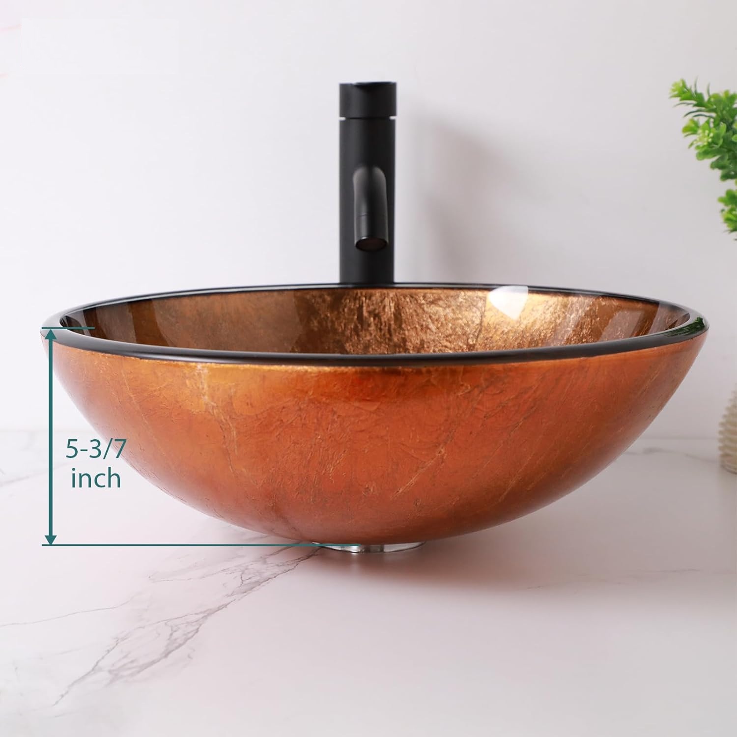 16" Brown Glass Vessel Sink And Drain Combo Modern Round Shape Artistic Basin Bathroom Vessel Sink