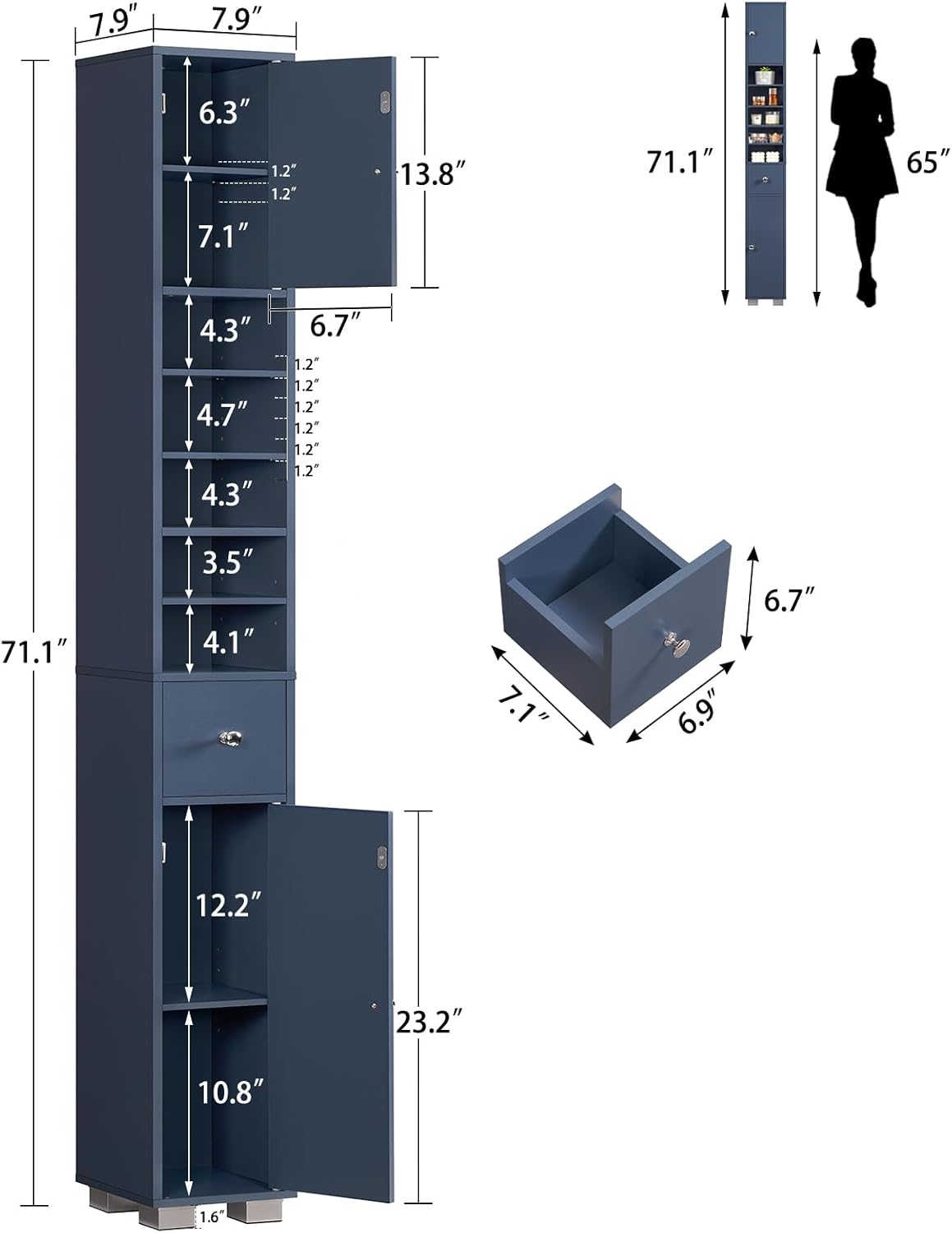 Narrow Bathroom Storage Cabinet with 5 Adjustable Shelves & Drawer, Freestanding Cupboard for Small Spaces