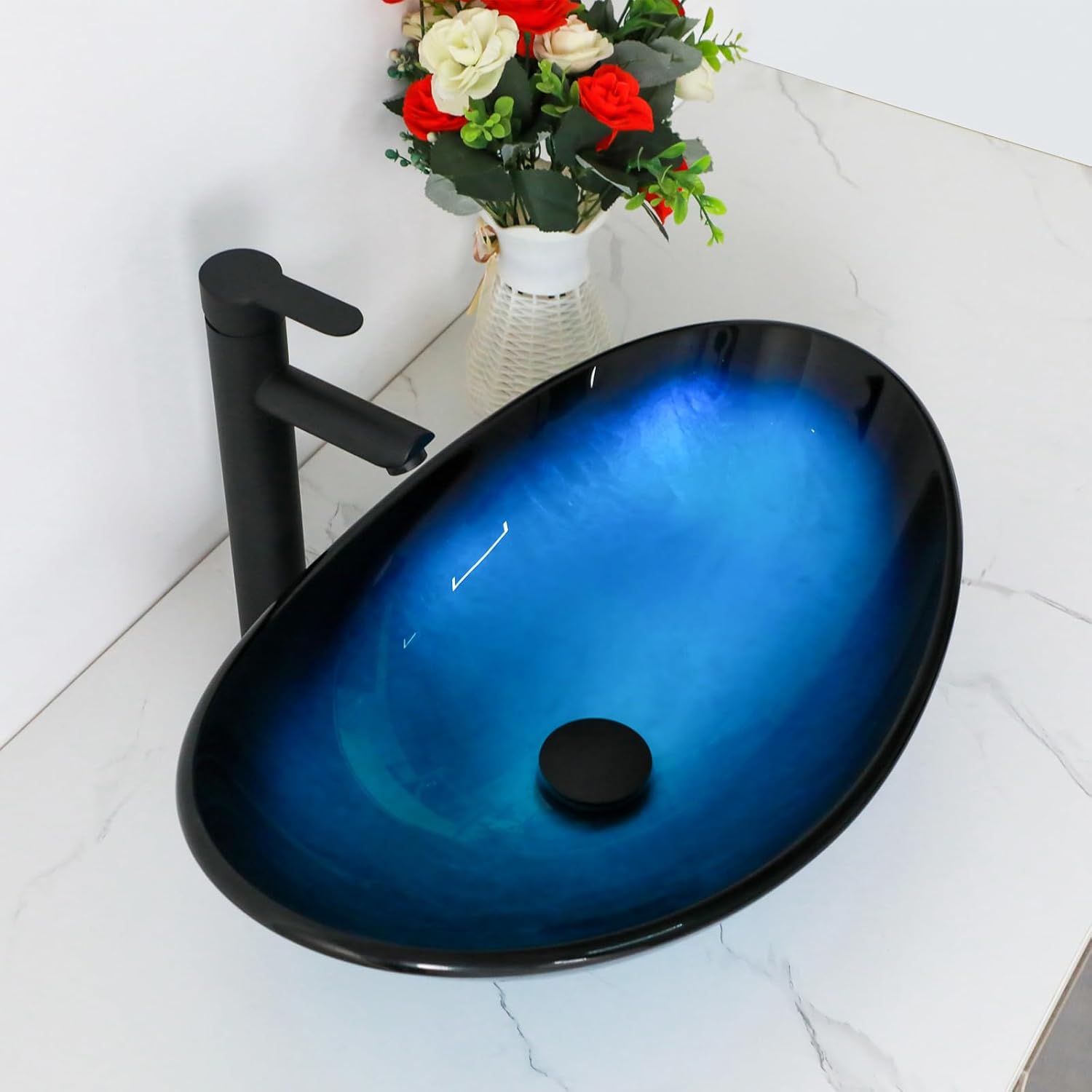 21" Blue Glass Vessel Sink With Faucet And Drain Combo Modern Boat Shape Artistic Basin Bathroom Vessel Sink
