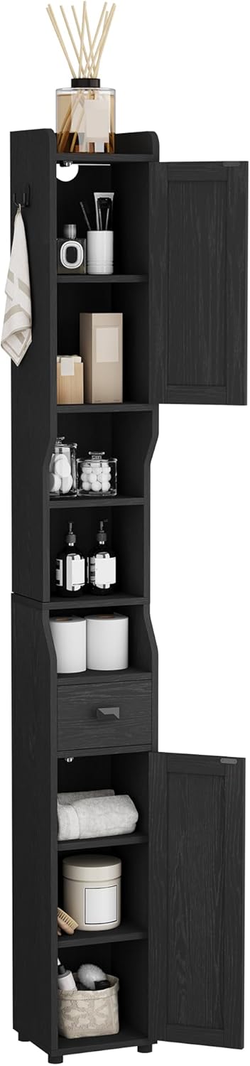 Narrow Tall Bathroom Cabinet, Freestanding Floor Cabinets with 2 Doors and 1 Drawer, Toilets Organizer with Adjustable Shelf