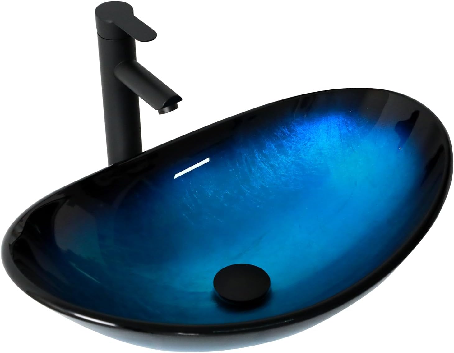 21" Blue Glass Vessel Sink With Faucet And Drain Combo Modern Boat Shape Artistic Basin Bathroom Vessel Sink