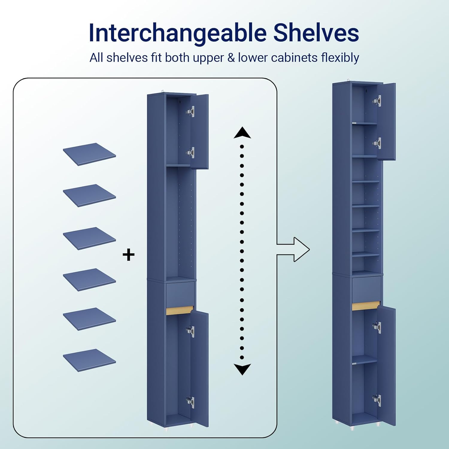 Tall Slim Bathroom Storage Cabinet with Drawer and Doors, Narrow Freestanding Organizer for Small Spaces, Adjustable Shelves for Towels