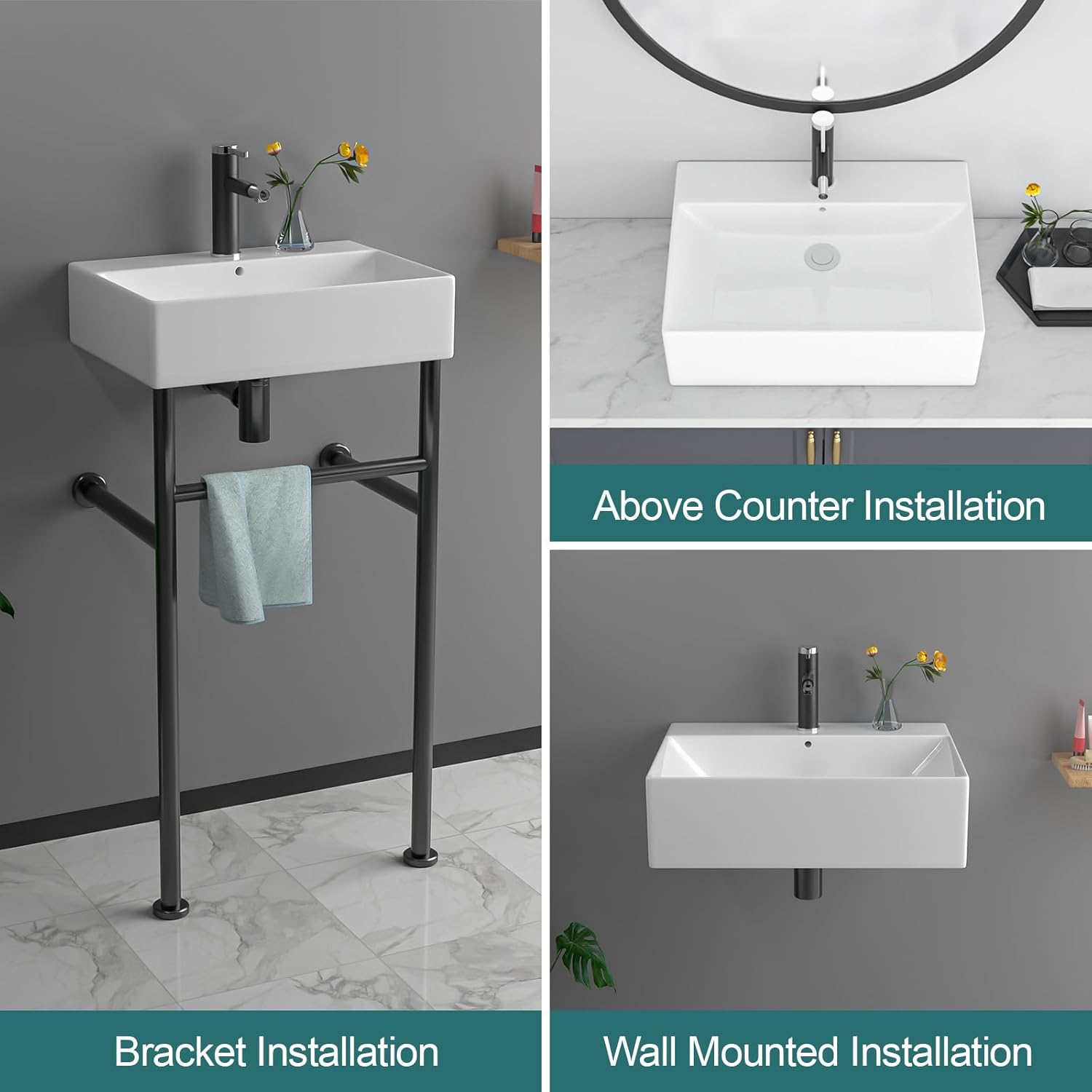 20"x12" Modern Console Bathroom Sink with Black Stainless Steel Pedestal Legs