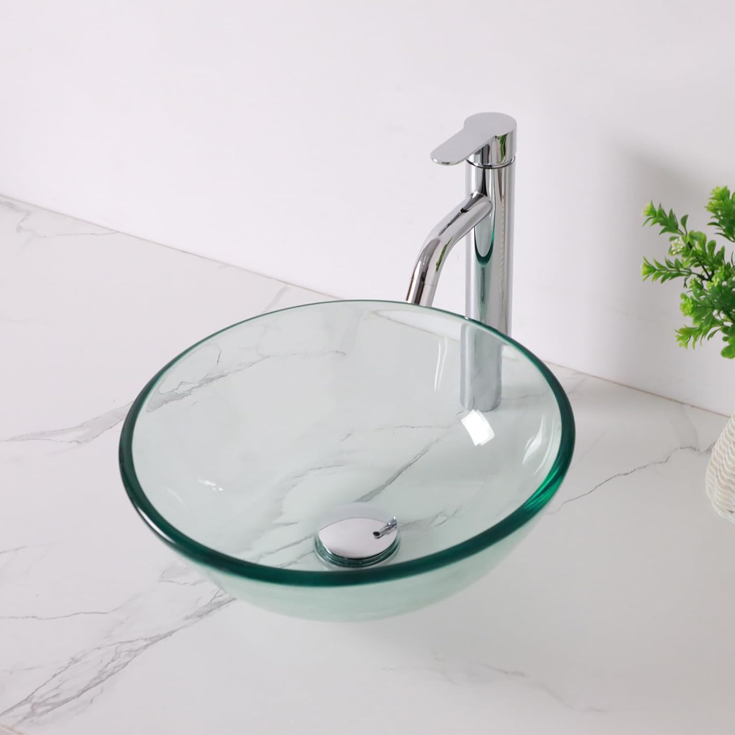 14" Clear Glass Vessel Sink With Faucet And Drain Combo Modern Round Shape Artistic Basin Bathroom Vessel Sink