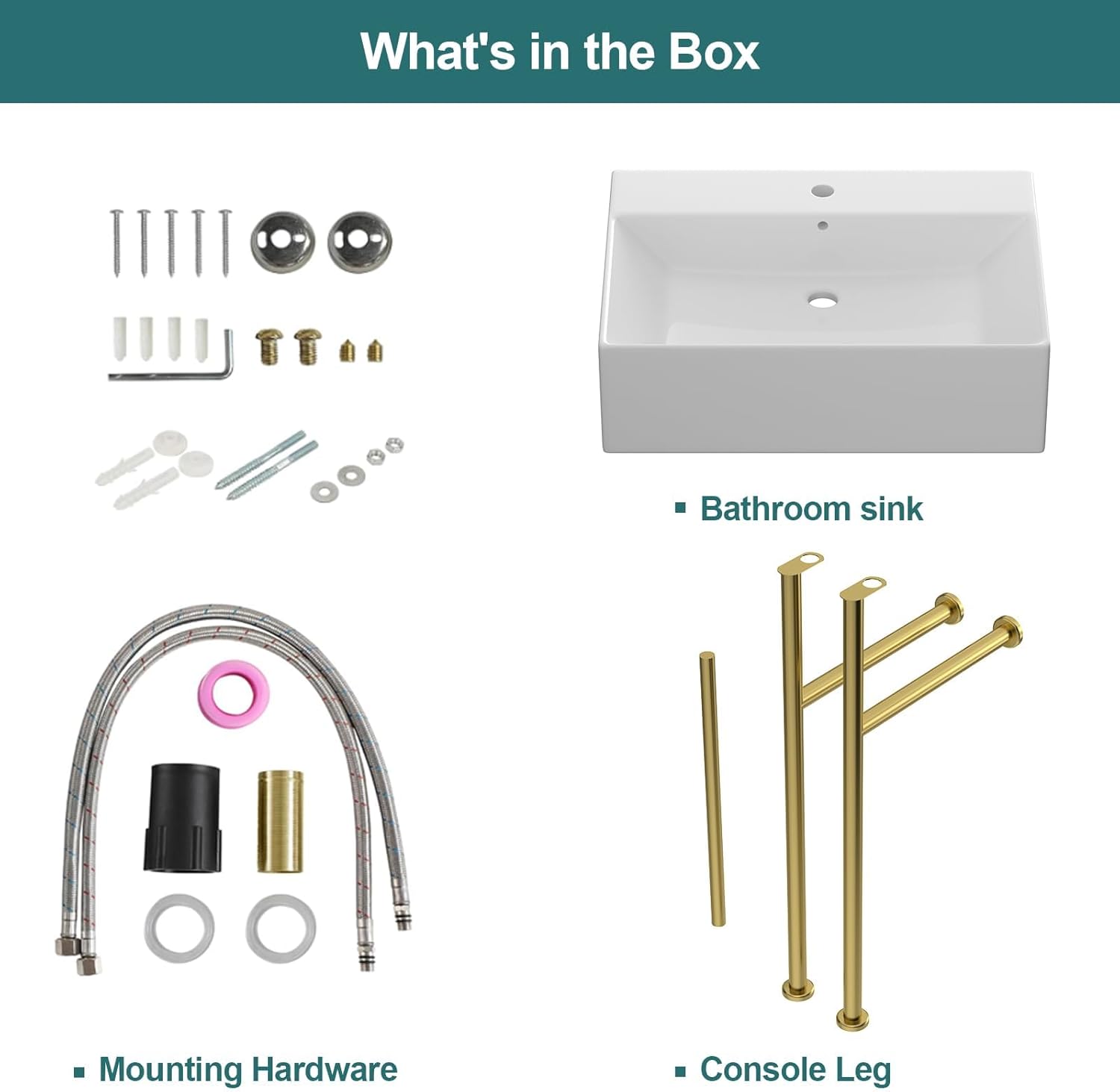 Rectangular Ceramic Console Sink with Brushed Gold Stainless Steel Pedestal