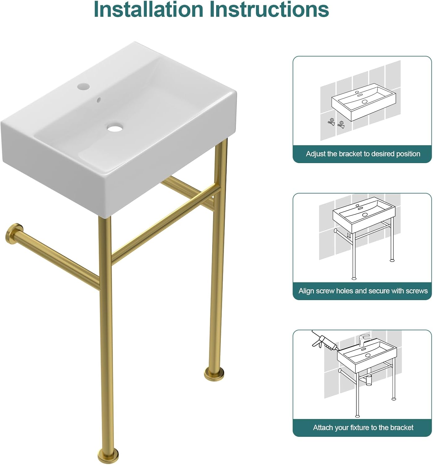 Rectangular Ceramic Console Sink with Brushed Gold Stainless Steel Pedestal