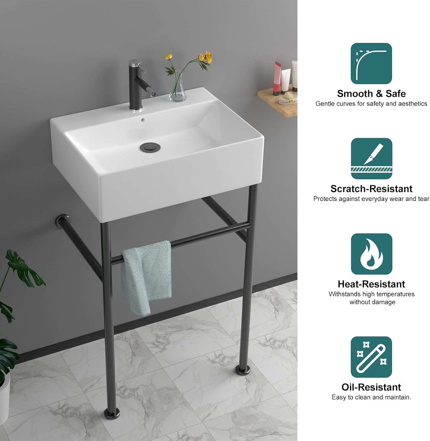 Modern Console Bathroom Sink with Black Stainless Steel Pedestal Legs