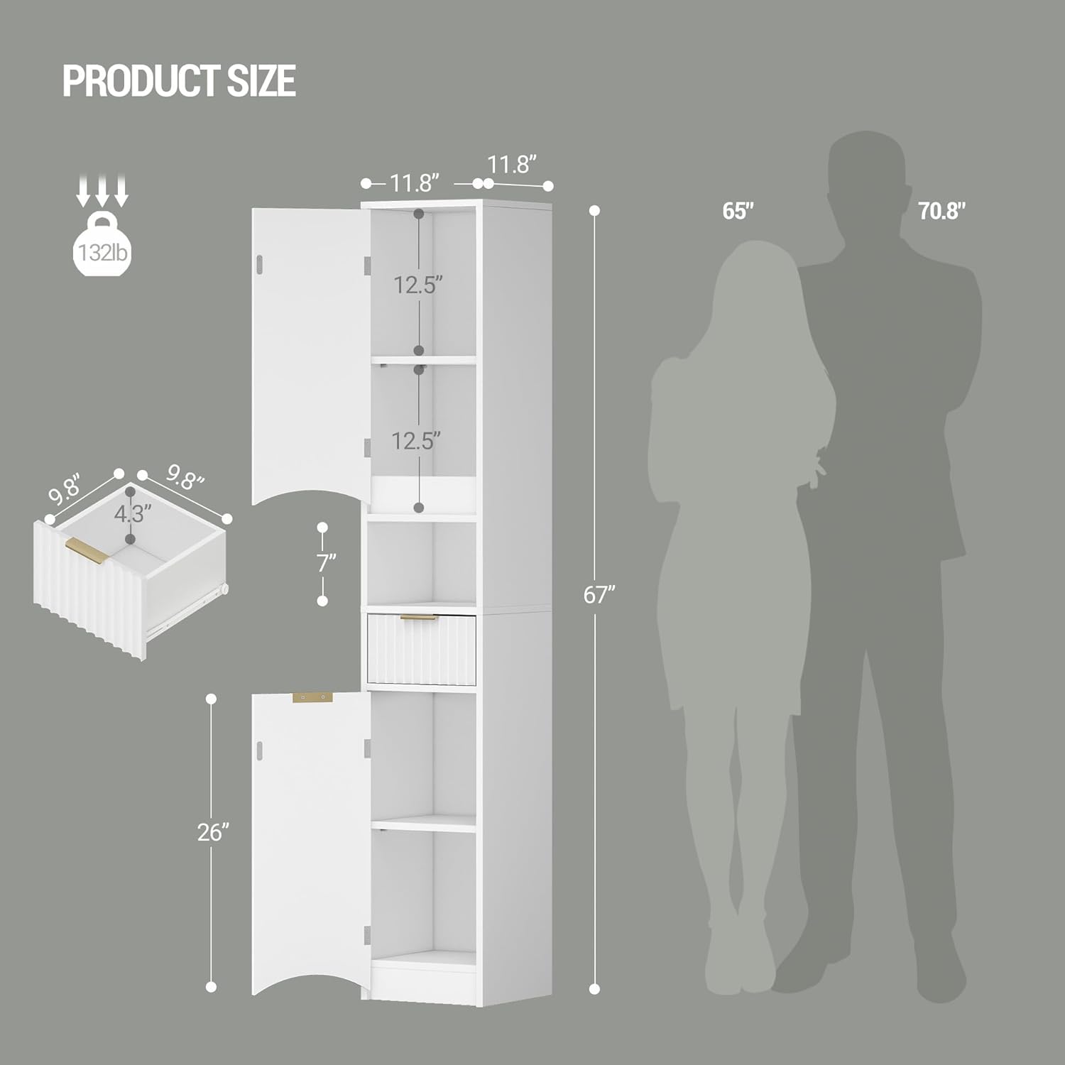 Tall Storage Cabinet with 2 Doors & 1 Drawer, Cabinets with Adjustable Shelves & Wave Doors, Silm Bathroom Cabinets