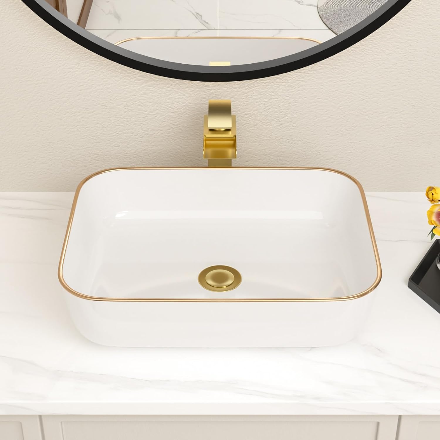 19"x15" Rectangular Bowl Sinks for Bathrooms With Gold Rim White Vessel Sink Above Counter
