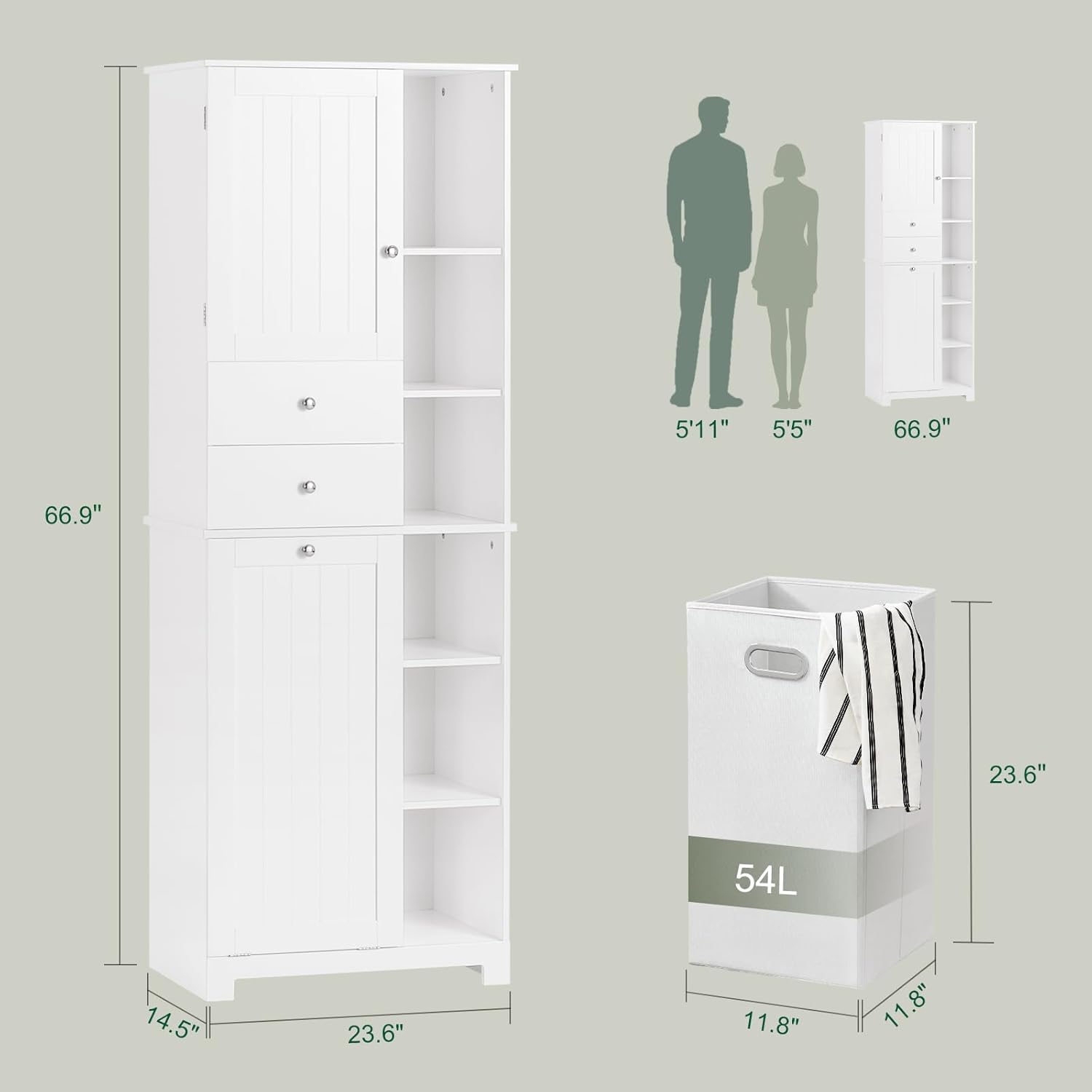 Storage Cabinet with Tilt-Out Hamper and Removable Basket, Freestanding Bathroom Laundry Cabinet with Shelves