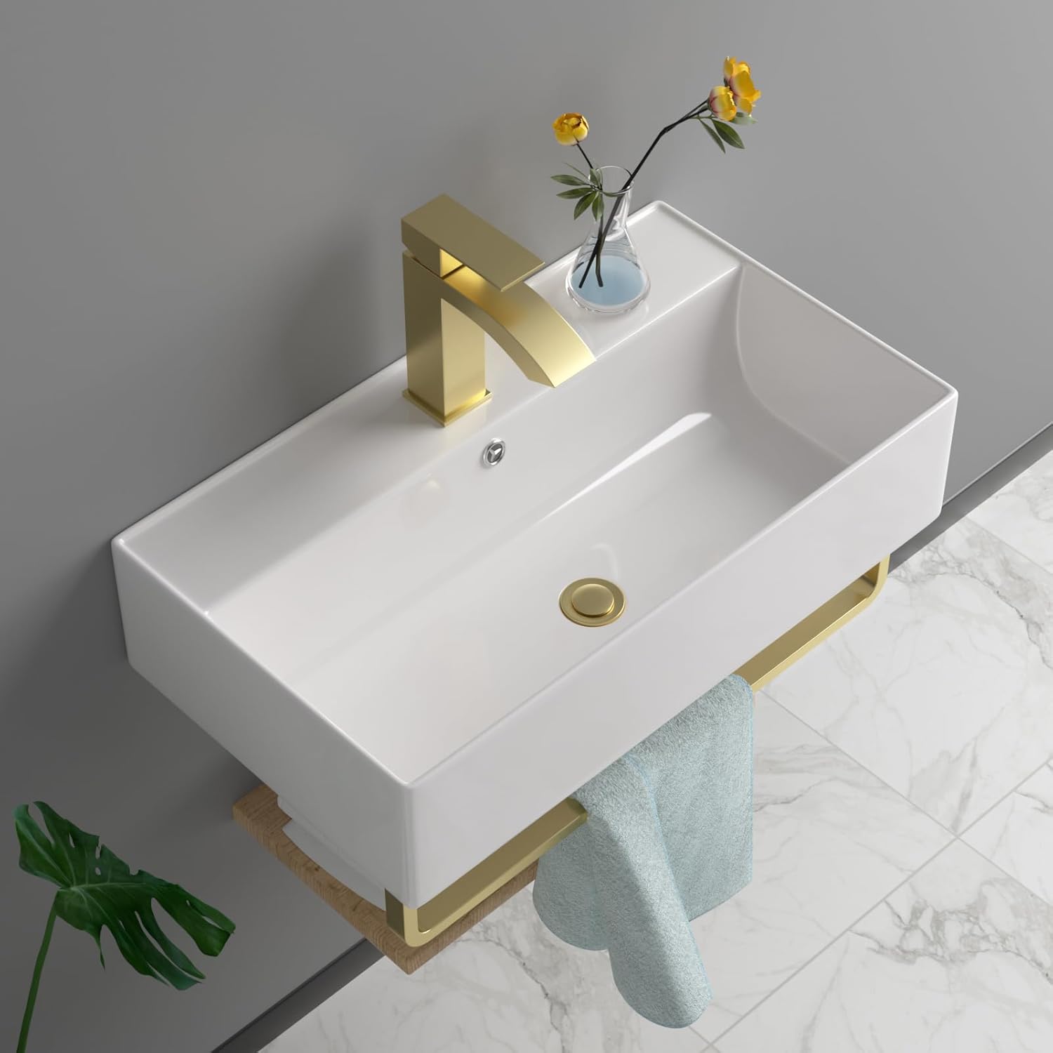21"x12" Rectangle Vessel Sink With Gold Faucet And Drain Combo Bowl Sink Bathroom Vessel Sink