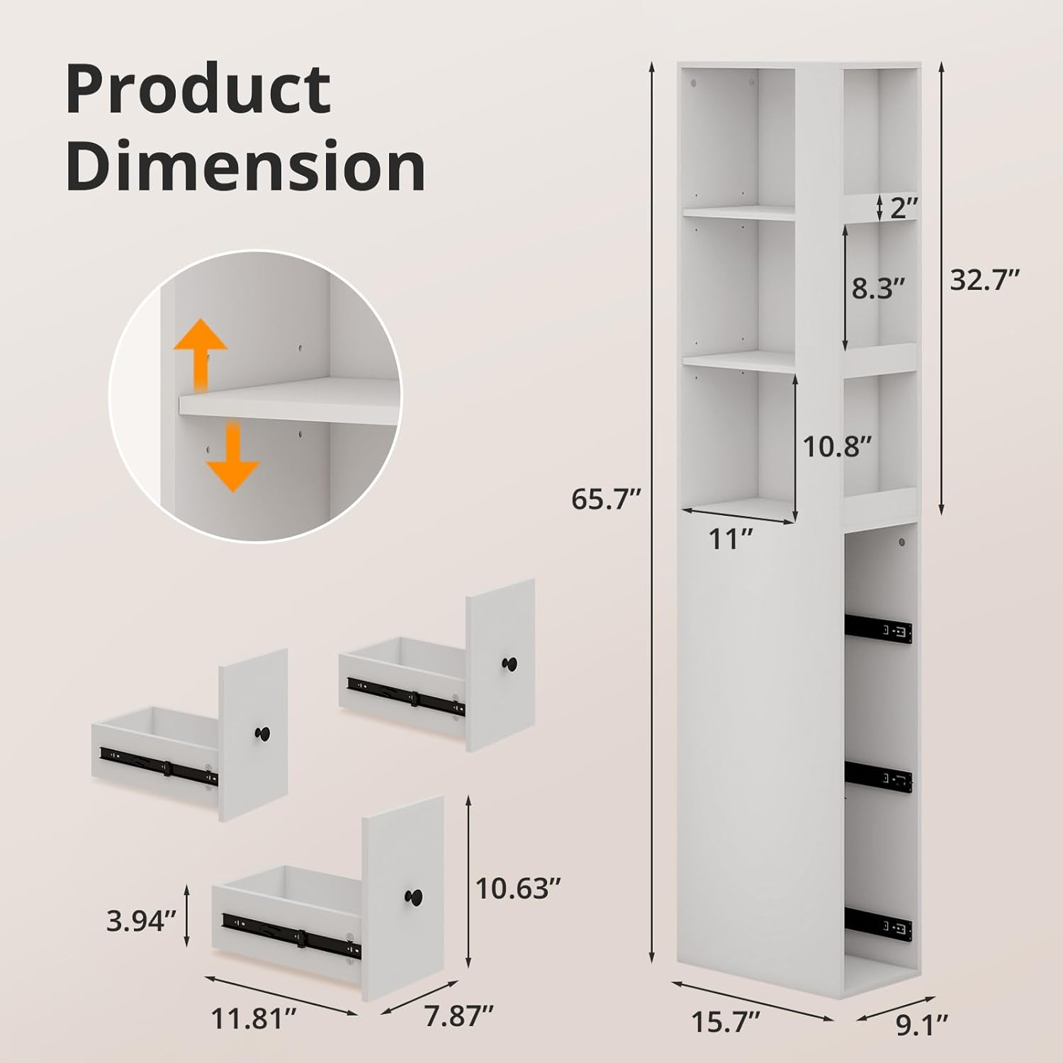 Storage Cabinet Tall Narrow Bathroom Organizer with Side Storage Rack and 3-Level Adjustable Shelves Slim Free Standing Space Saver for Living Room Kitchen, Classic White