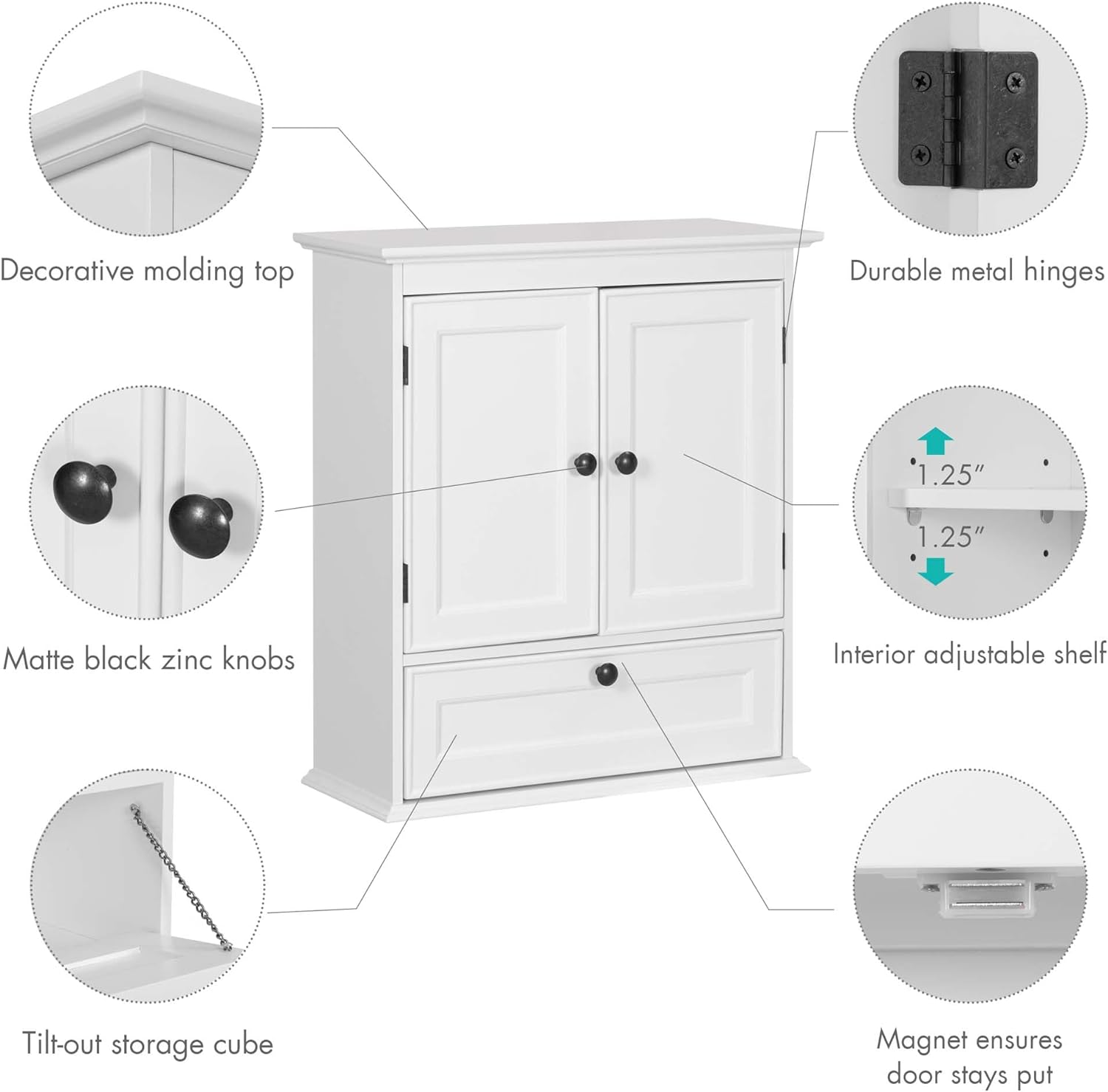 Bathroom Cabinet Wall Mounted, Small Bathroom Wall Cabinet Over Toilet, Medicine Cabinet Organizer with Doors and Adjustable Shelf, White