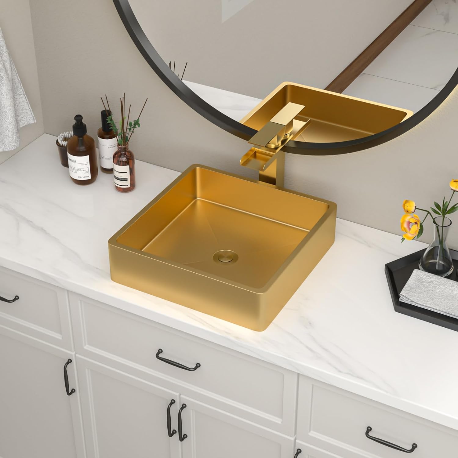 24" Gold Bathroom Vessel Sink 16 Gauge Nano Titanium Plating Rectangle Vessel Sink