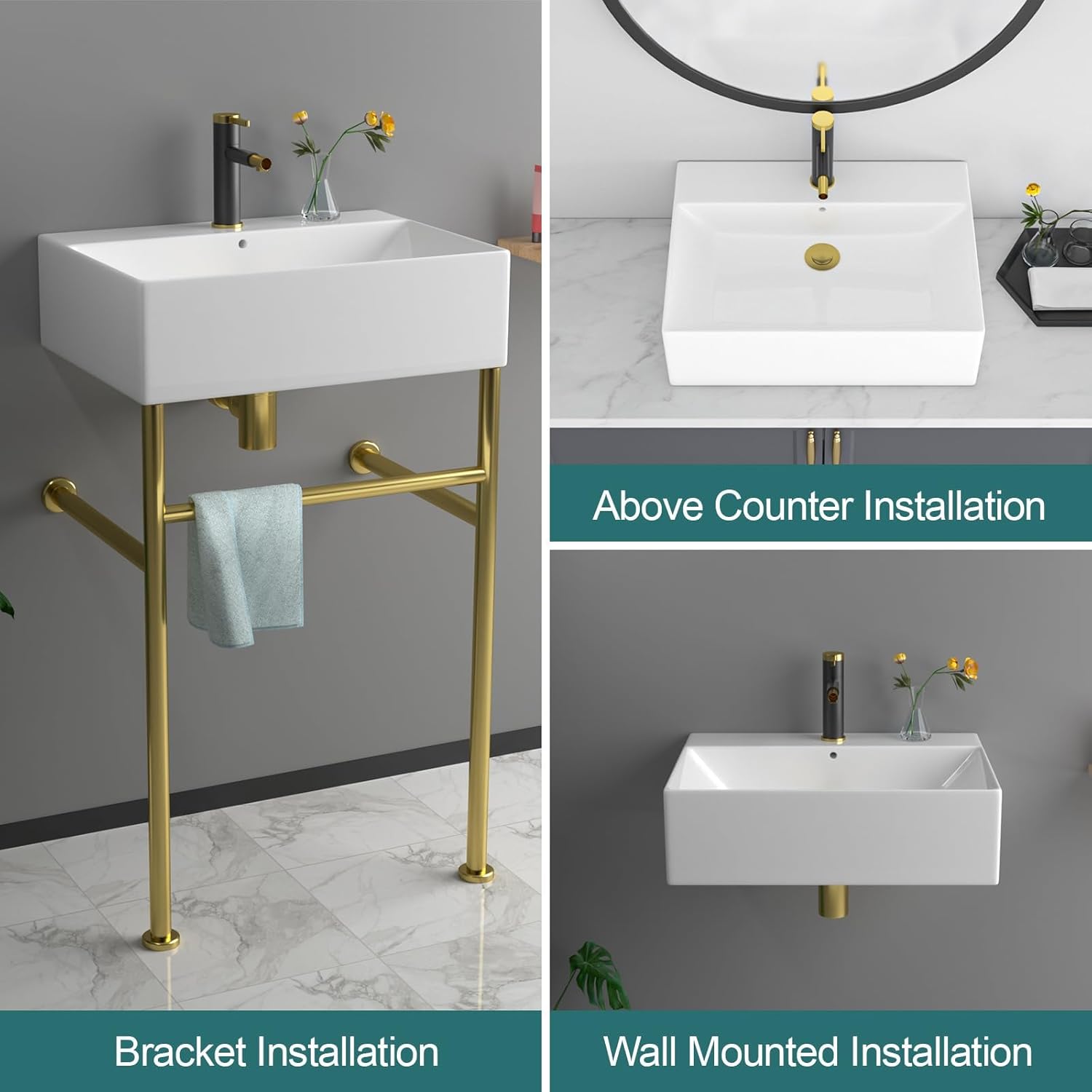 Rectangular Ceramic Console Sink with Brushed Gold Stainless Steel Pedestal
