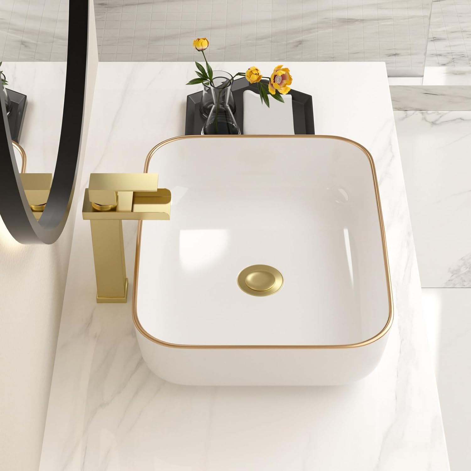 19"x15" Rectangular Bowl Sinks for Bathrooms With Gold Rim White Vessel Sink Above Counter