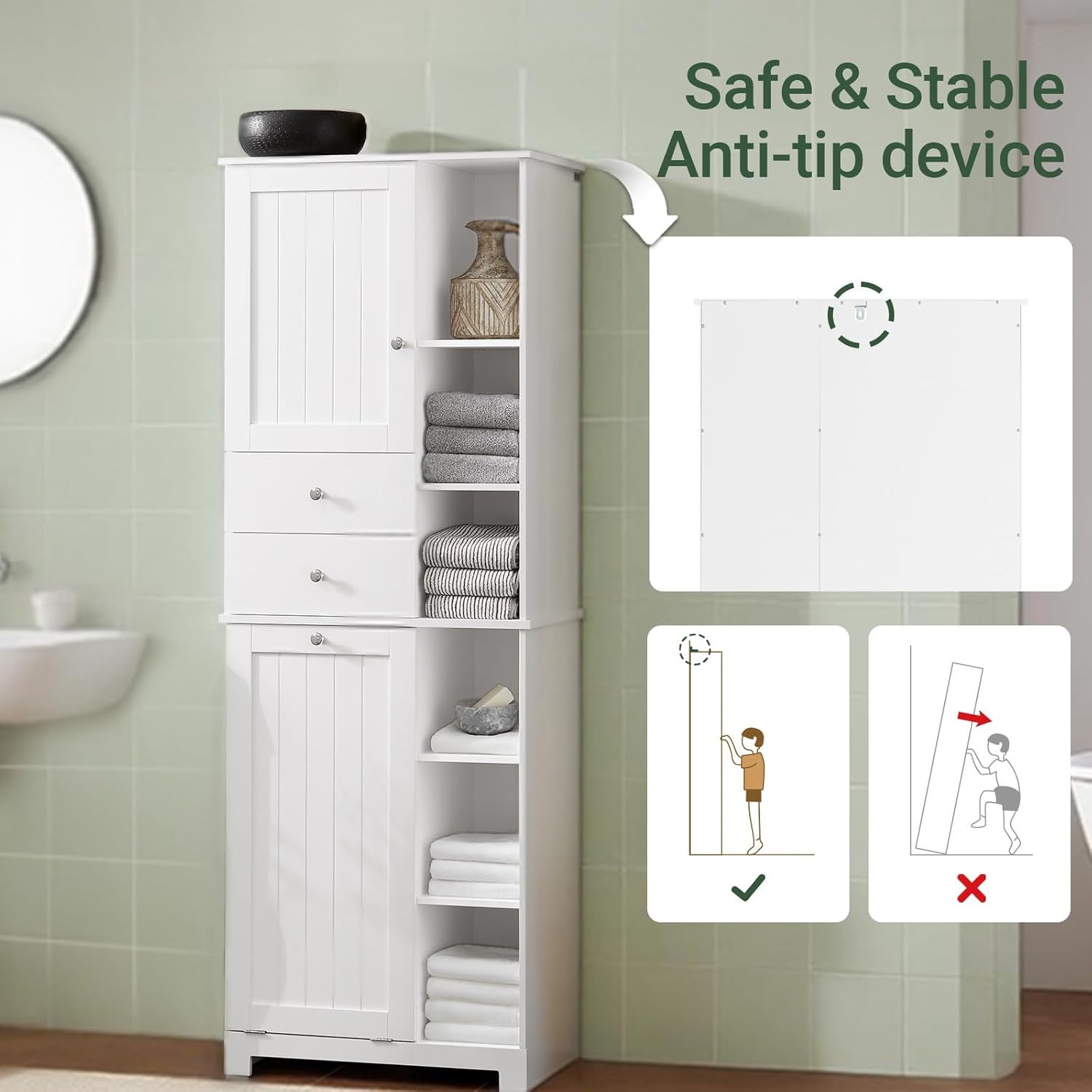 Storage Cabinet with Tilt-Out Hamper and Removable Basket, Freestanding Bathroom Laundry Cabinet with Shelves