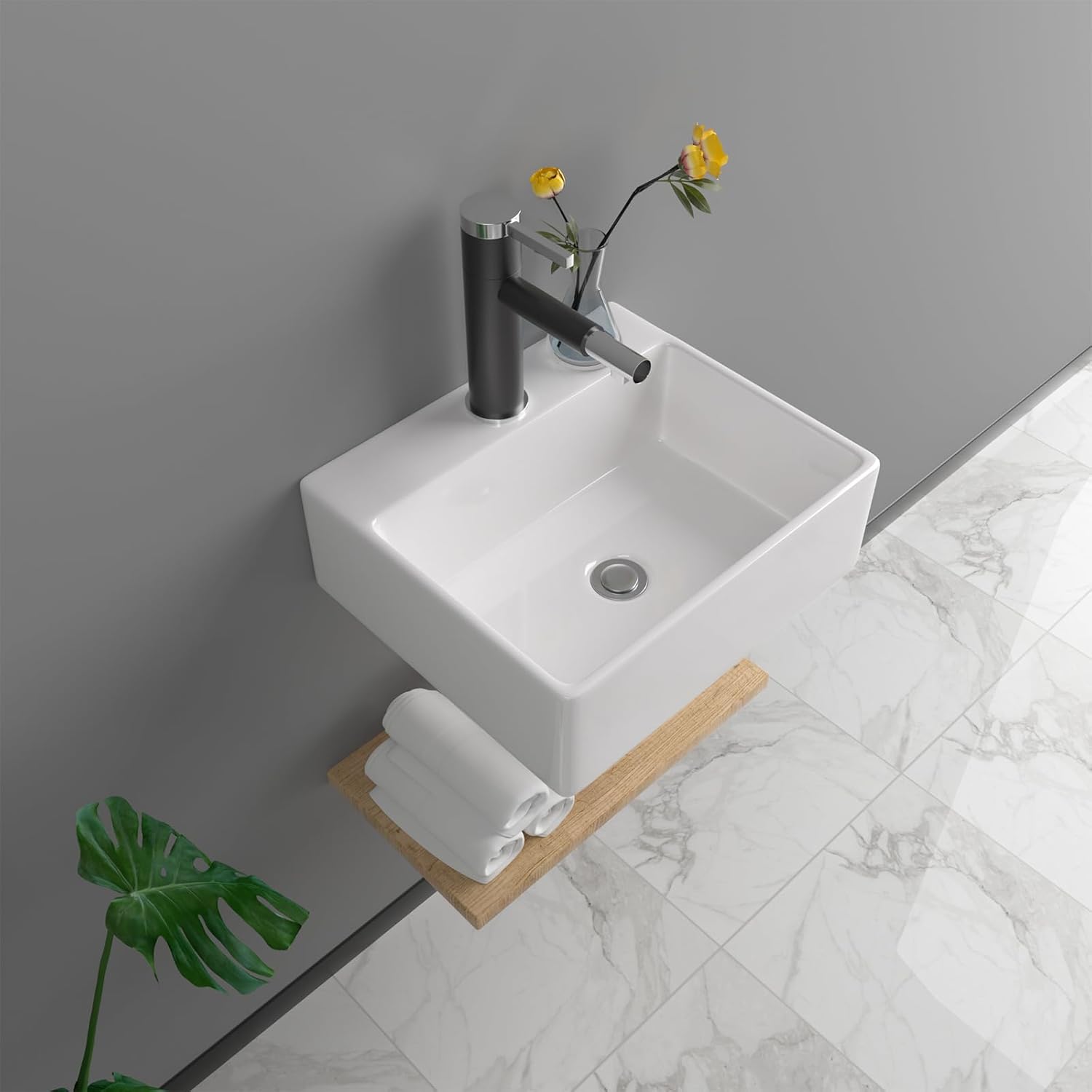 13"x11" Wall Mounted Vessel Sink Bathroom Wall Hung Sink Rectangular White Porcelain Ceramic Vessel