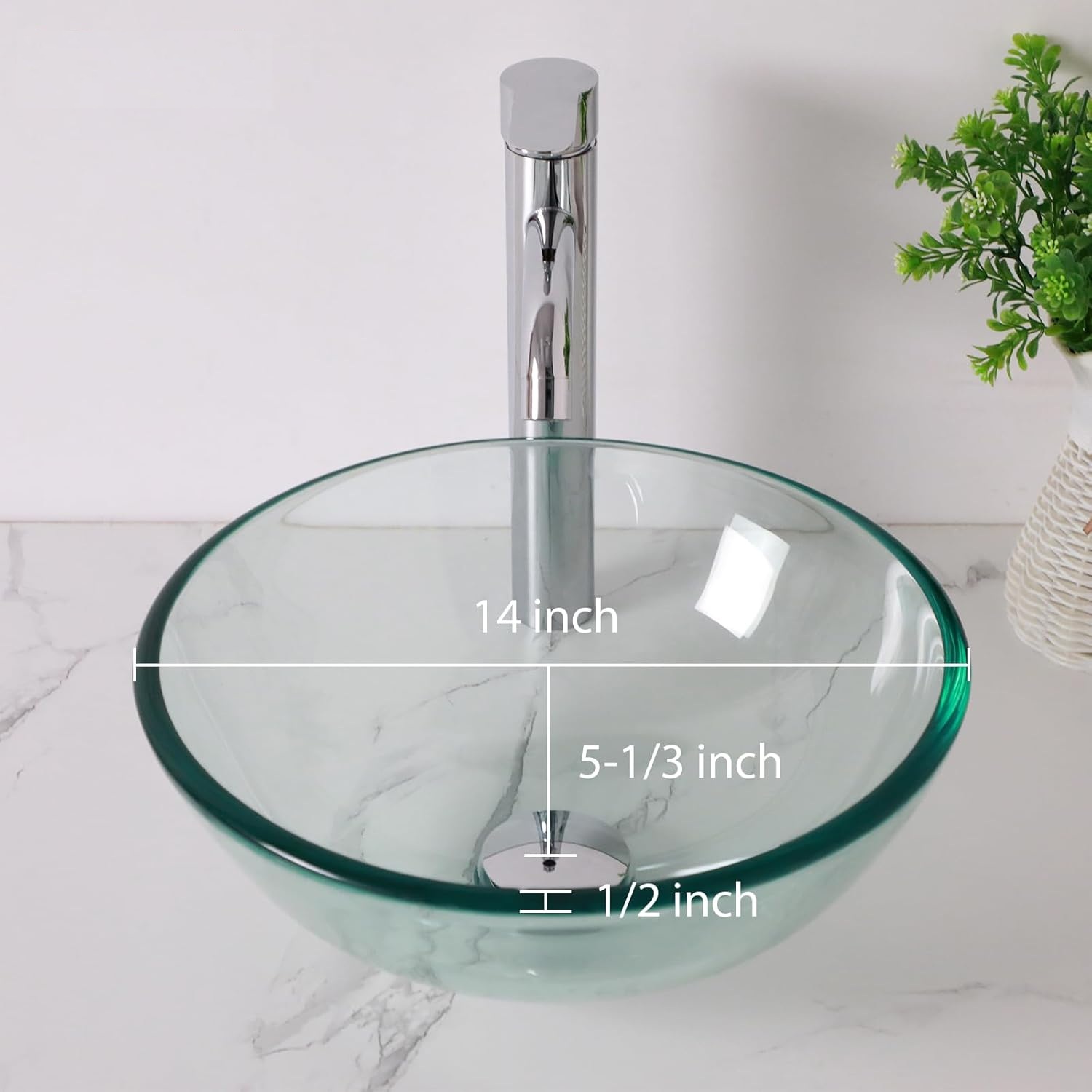 14" Clear Glass Vessel Sink With Faucet And Drain Combo Modern Round Shape Artistic Basin Bathroom Vessel Sink