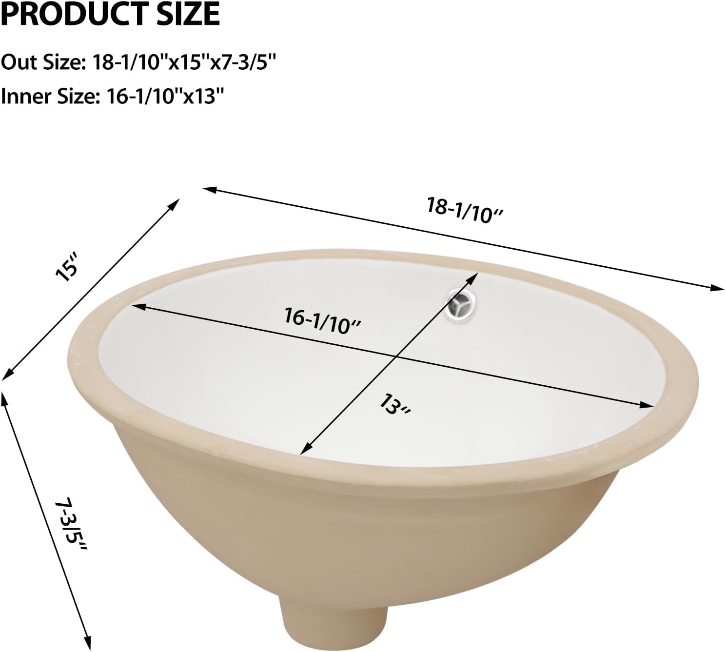 18''x15'' Oval Undermount Bathroom Sink White Porcelain Ceramic Bathroom Vessel Sink Under Counter