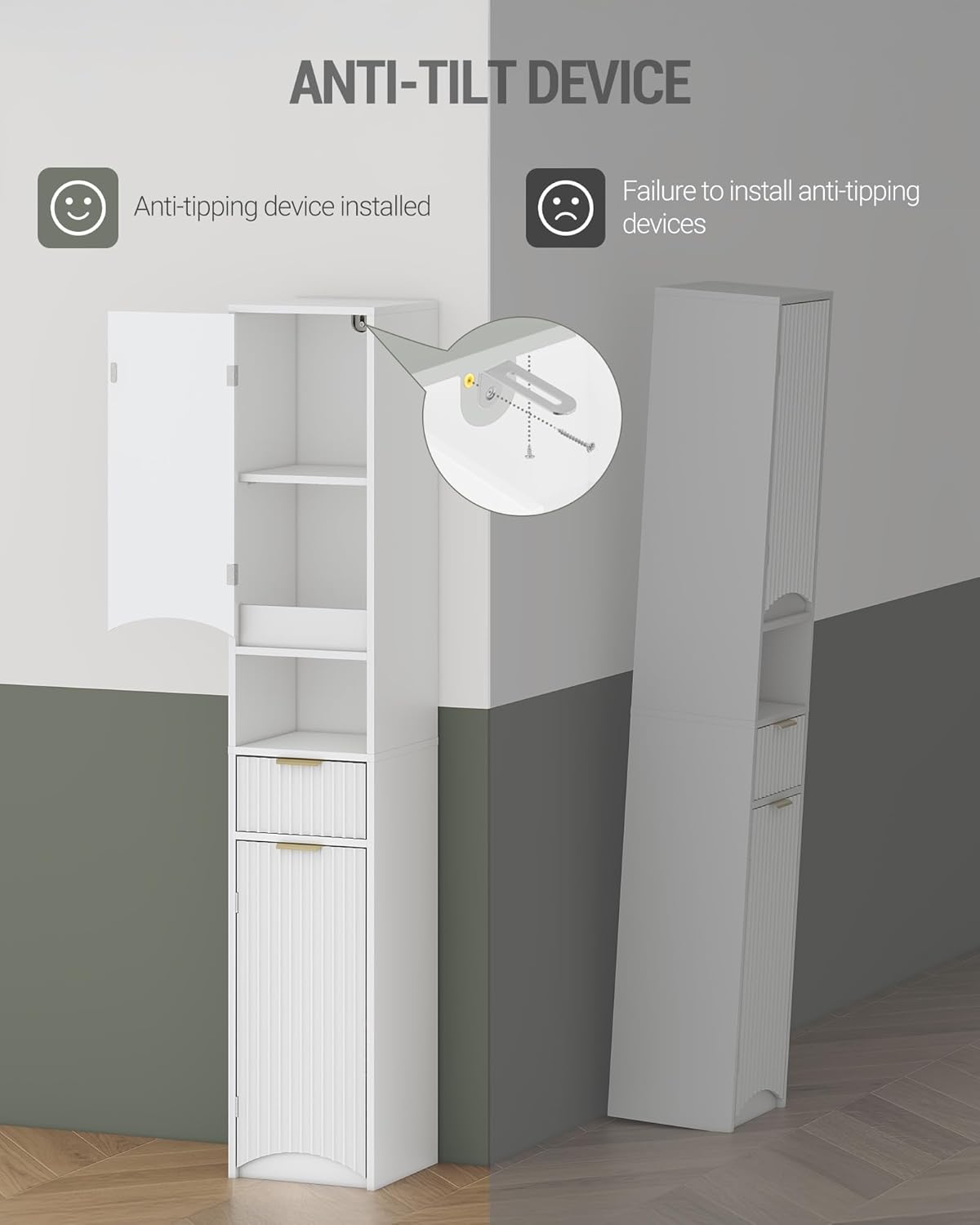 Tall Storage Cabinet with 2 Doors & 1 Drawer, Cabinets with Adjustable Shelves & Wave Doors, Silm Bathroom Cabinets