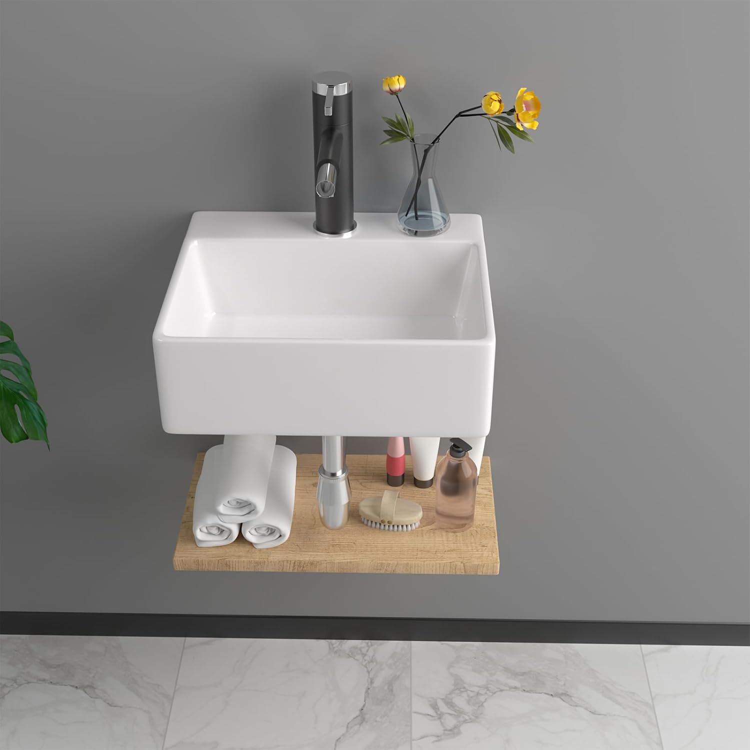 13"x11" Wall Mounted Vessel Sink Bathroom Wall Hung Sink Rectangular White Porcelain Ceramic Vessel