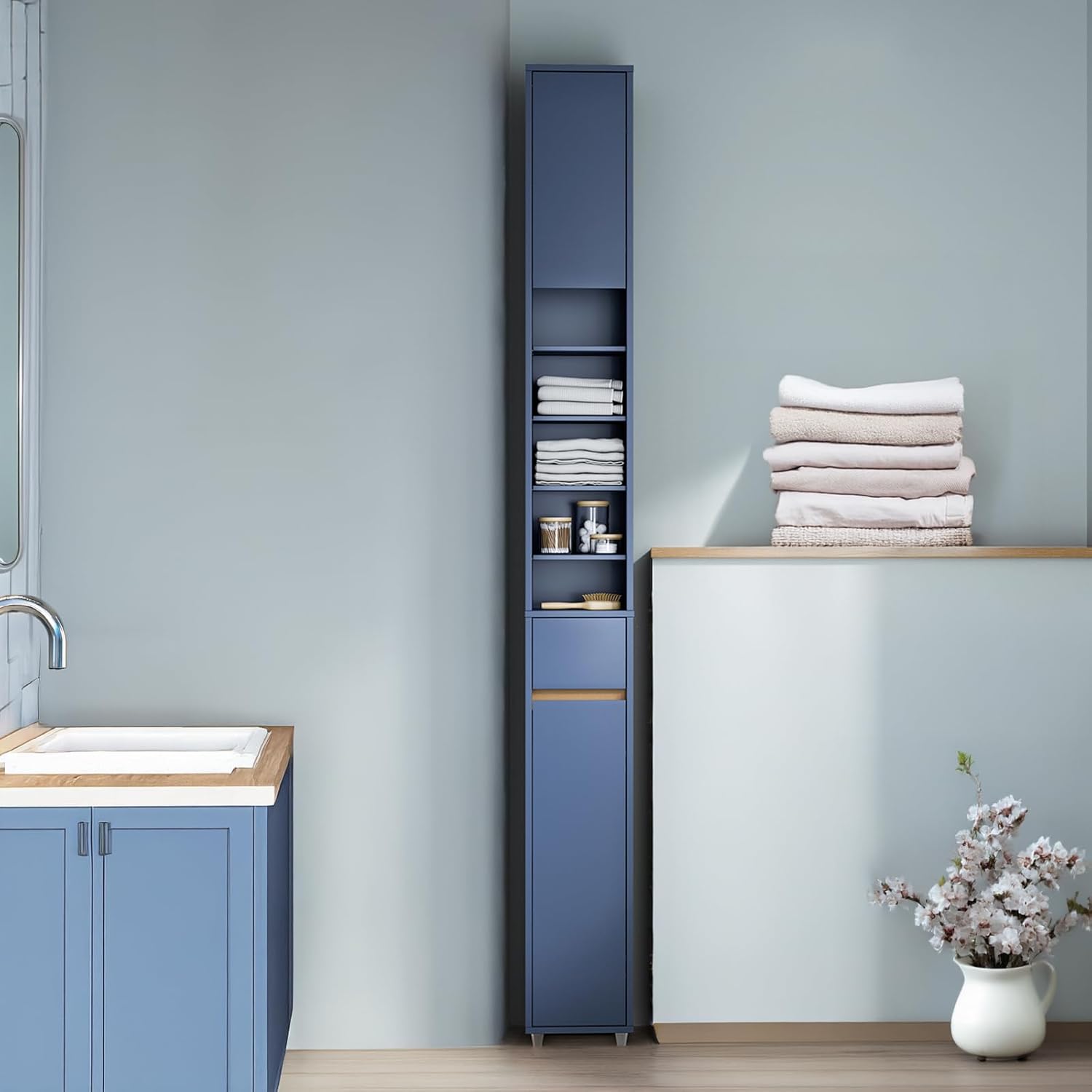Tall Slim Bathroom Storage Cabinet with Drawer and Doors, Narrow Freestanding Organizer for Small Spaces, Adjustable Shelves for Towels