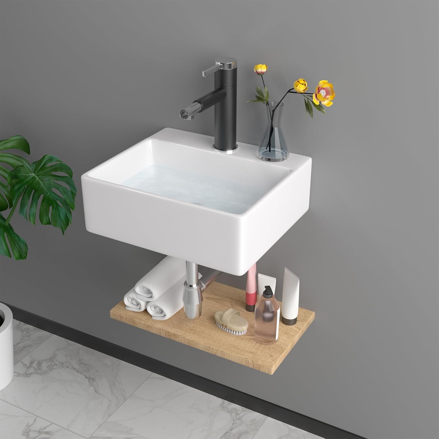 13"x11" Wall Mounted Vessel Sink Bathroom Wall Hung Sink Rectangular White Porcelain Ceramic Vessel