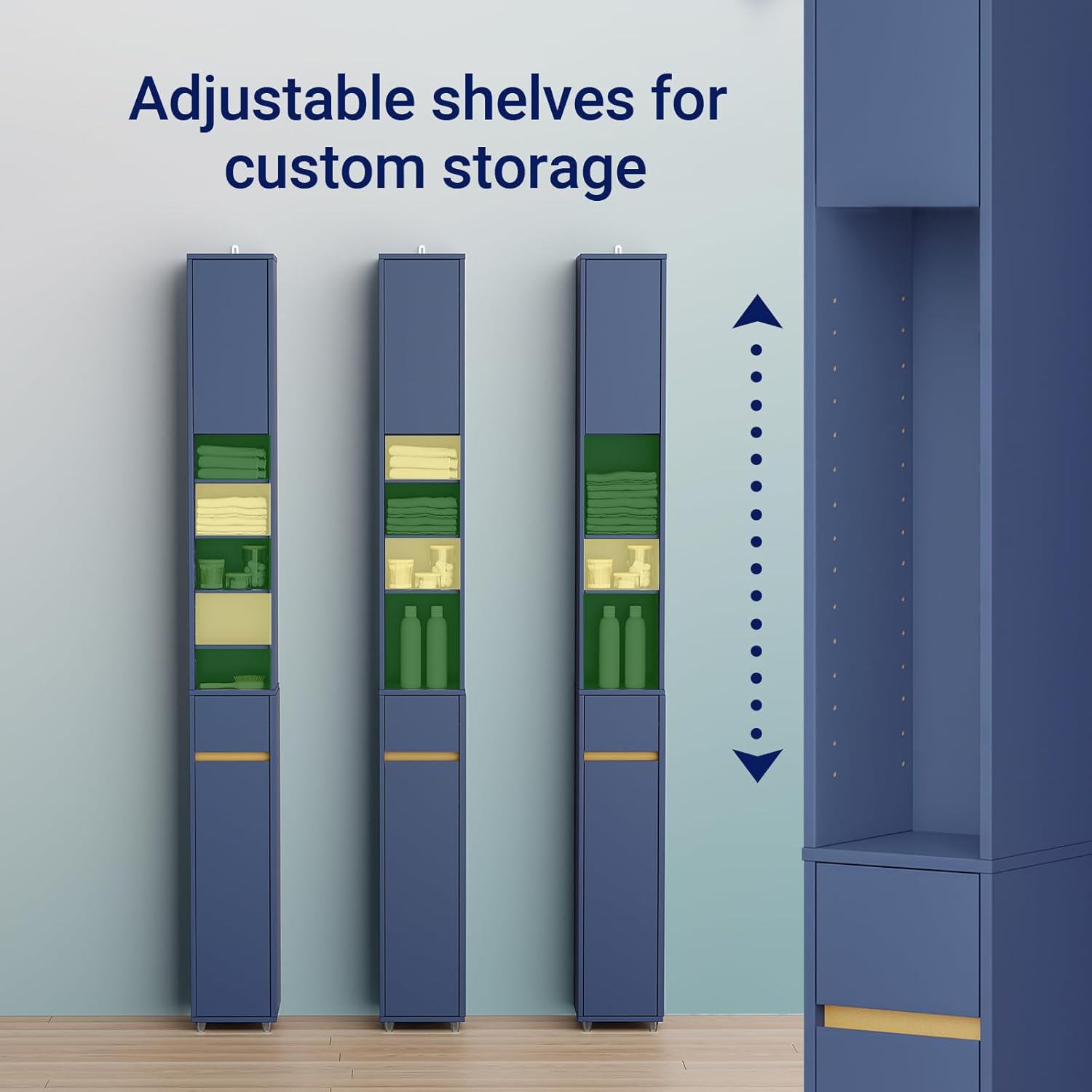 Tall Slim Bathroom Storage Cabinet with Drawer and Doors, Narrow Freestanding Organizer for Small Spaces, Adjustable Shelves for Towels