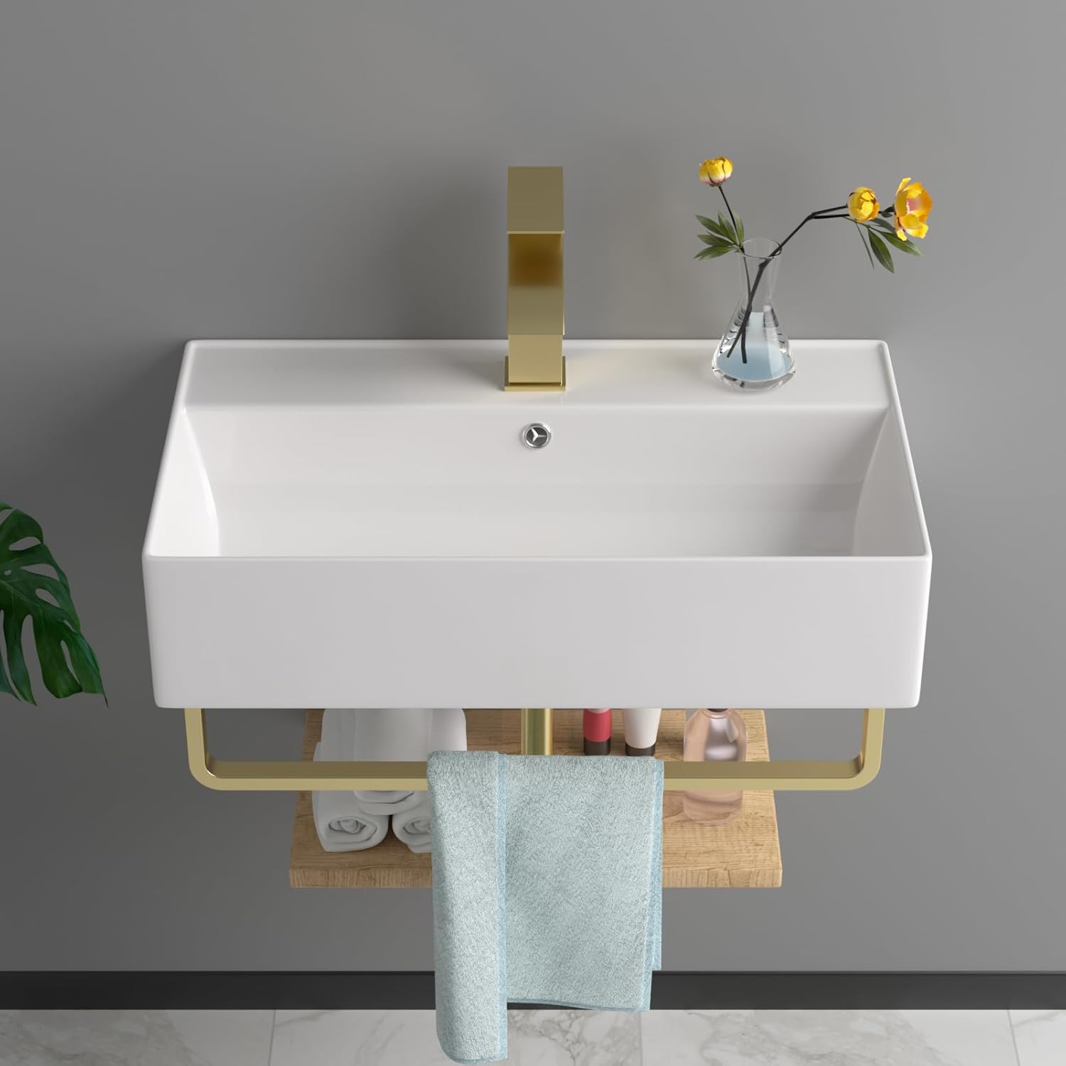 21"x12" Rectangle Vessel Sink With Gold Faucet And Drain Combo Bowl Sink Bathroom Vessel Sink