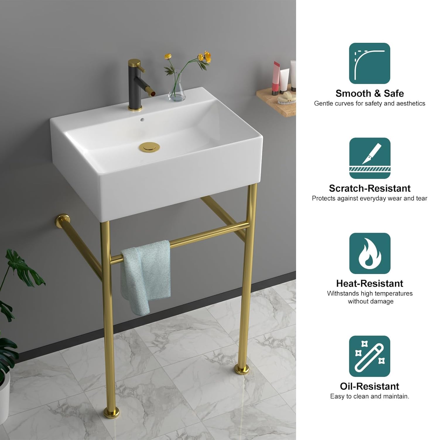 Rectangular Ceramic Console Sink with Brushed Gold Stainless Steel Pedestal