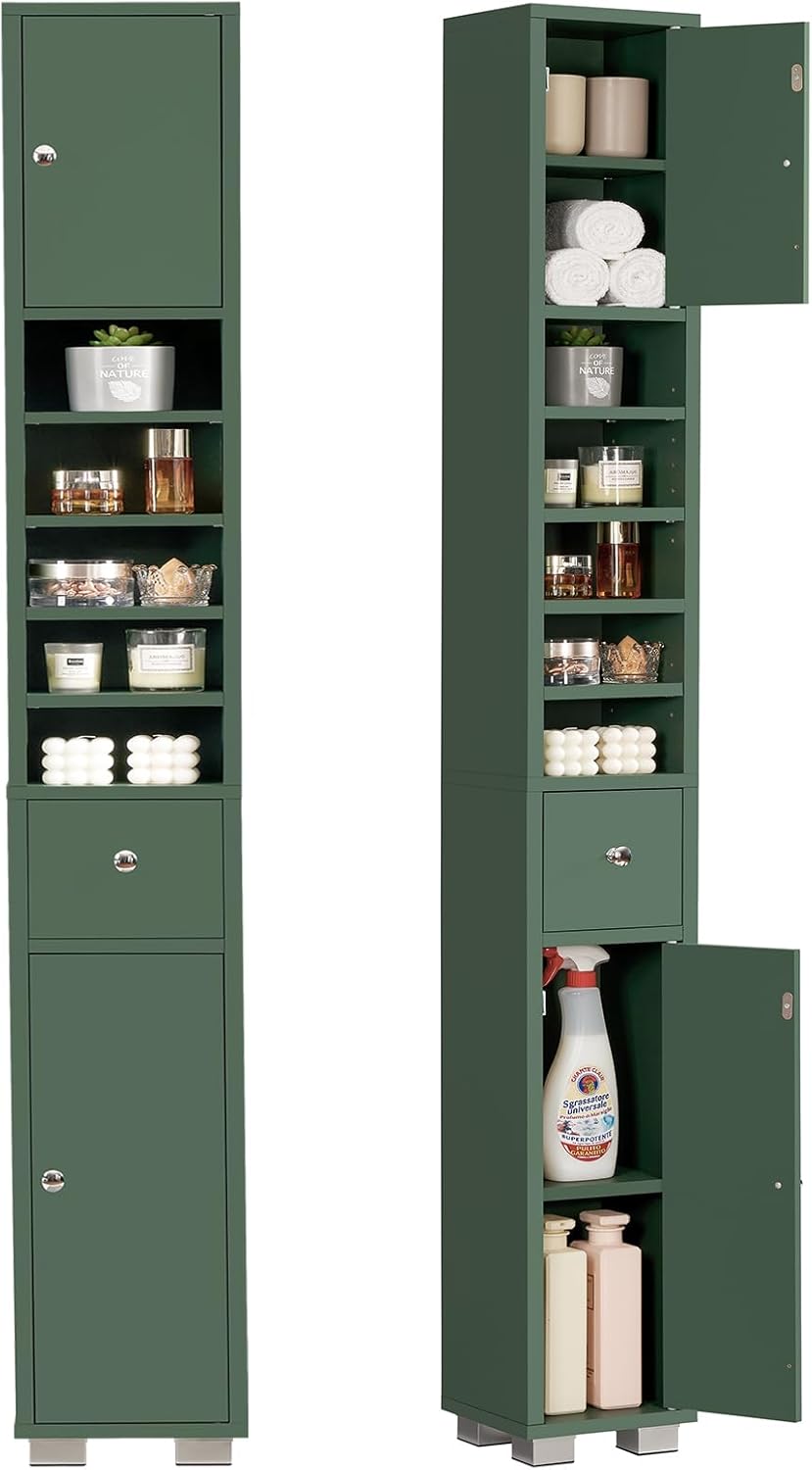 Bathroom Cabinet, Narrow Bathroom Storage Cabinet with 5 Adjustable Shelves & Drawer, Freestanding Cupboard for Small Spaces