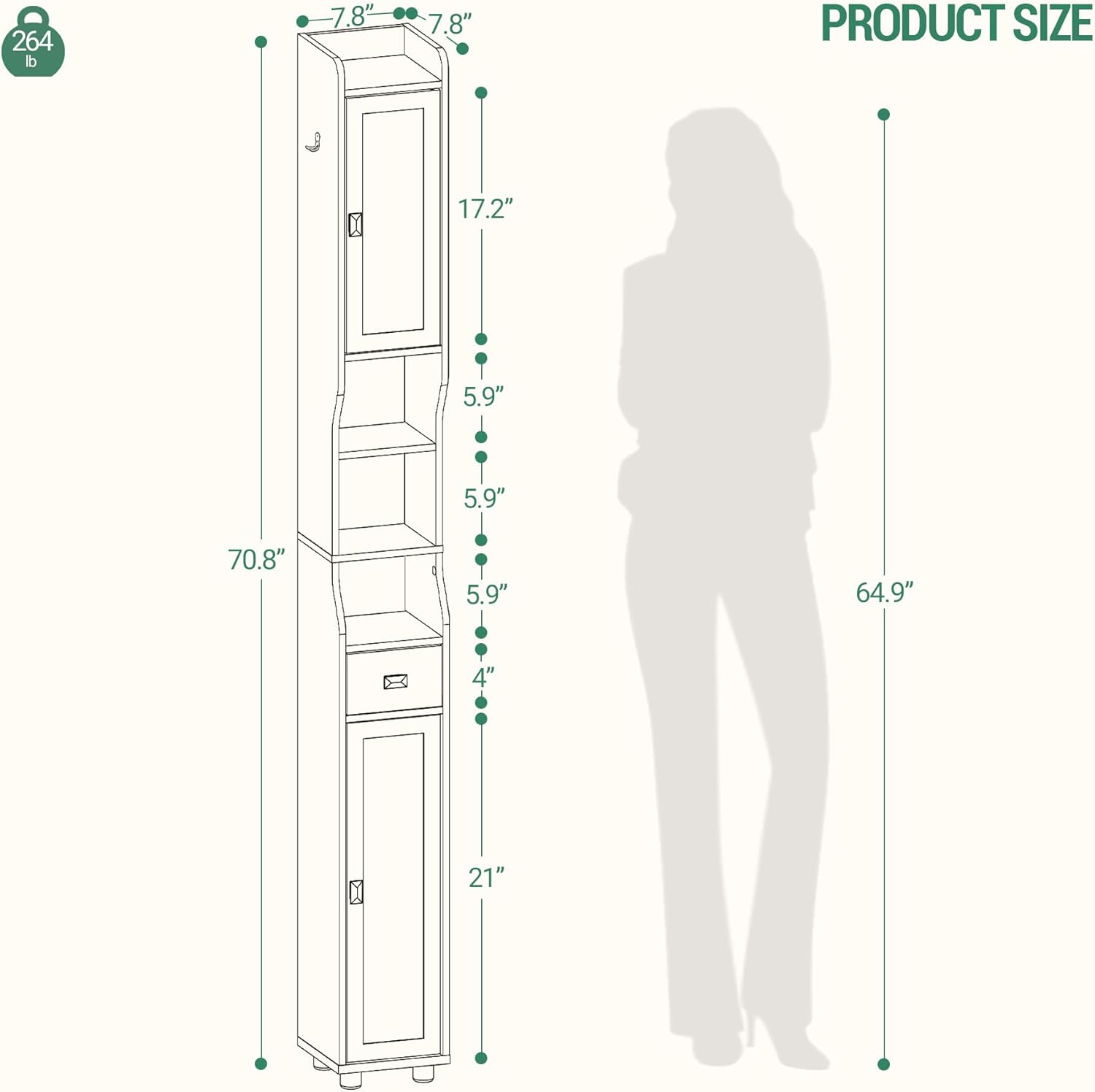 Narrow Tall Bathroom Cabinet, Freestanding Floor Cabinets with 2 Doors and 1 Drawer, Toilets Organizer with Adjustable Shelf