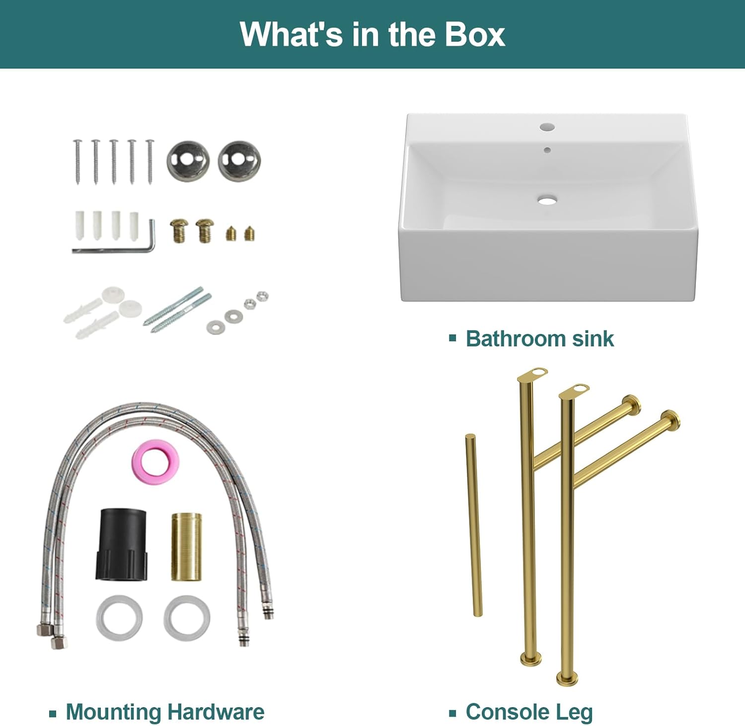 Rectangular Ceramic Console Sink with Brushed Gold Stainless Steel Pedestal