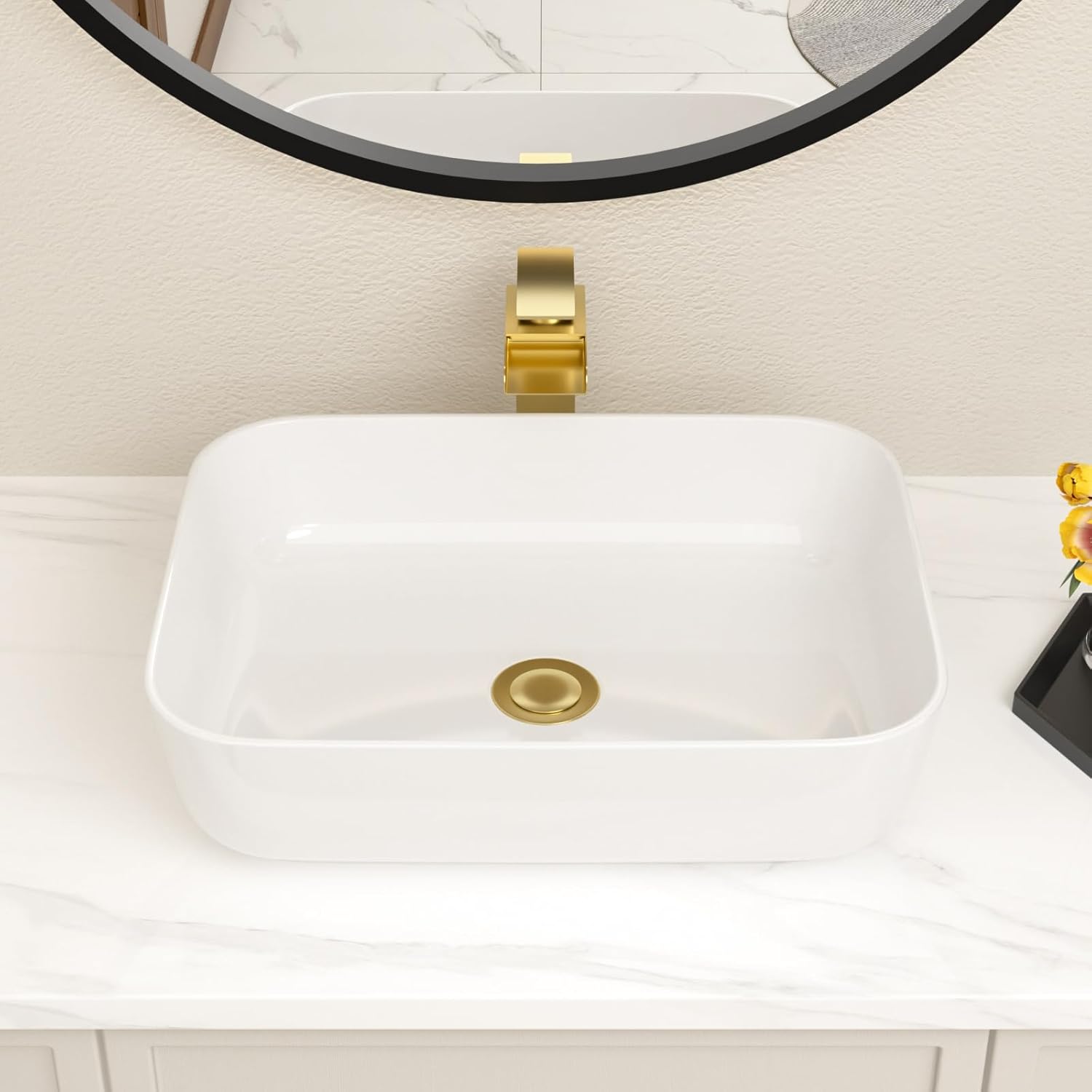 19"x15" Rectangular Bowl Sinks for Bathrooms White Vessel Sink Above Counter