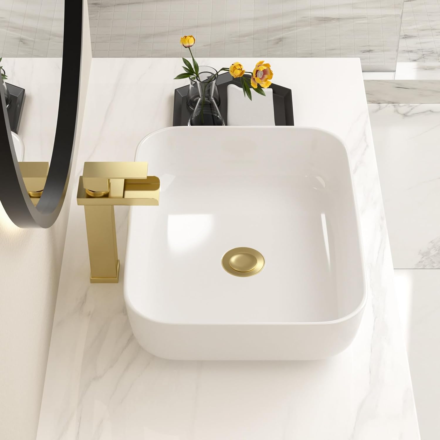 19"x15" Rectangular Bowl Sinks for Bathrooms White Vessel Sink Above Counter