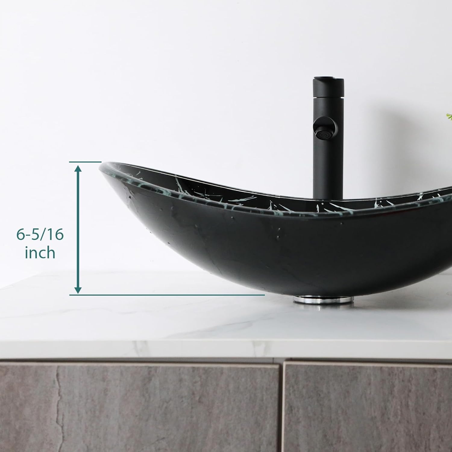 21" Black Glass Vessel Sink With Faucet And Drain Combo Modern Boat Shape Artistic Basin