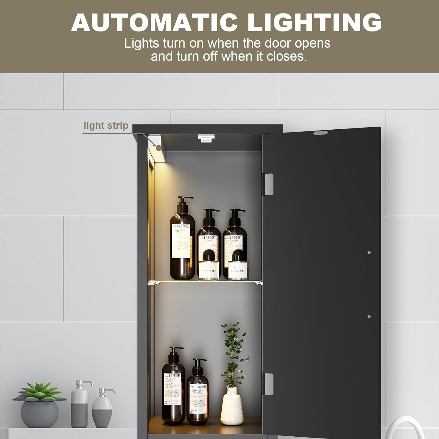 67" Tall Bathroom Storage Cabinet with Lights, Slim Narrow Bathroom Cabinet Organizer with Doors and Adjustable Shelves, Tall Cabinet for Small Space