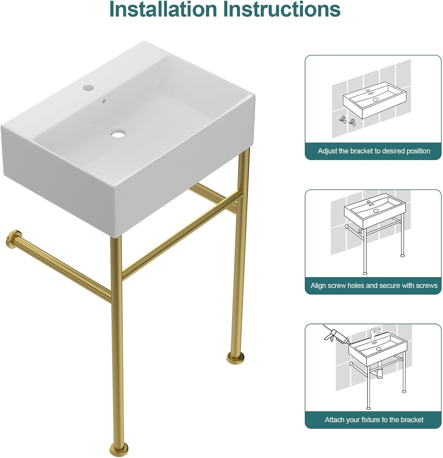 Rectangular Ceramic Console Sink with Brushed Gold Stainless Steel Pedestal