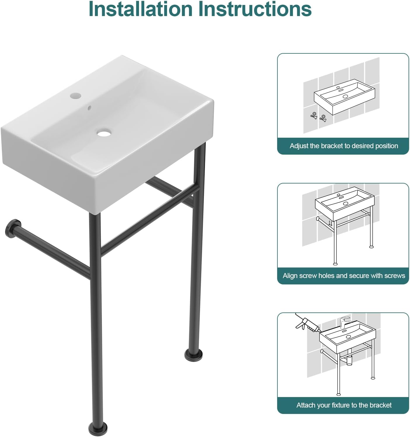 20"x12" Modern Console Bathroom Sink with Black Stainless Steel Pedestal Legs