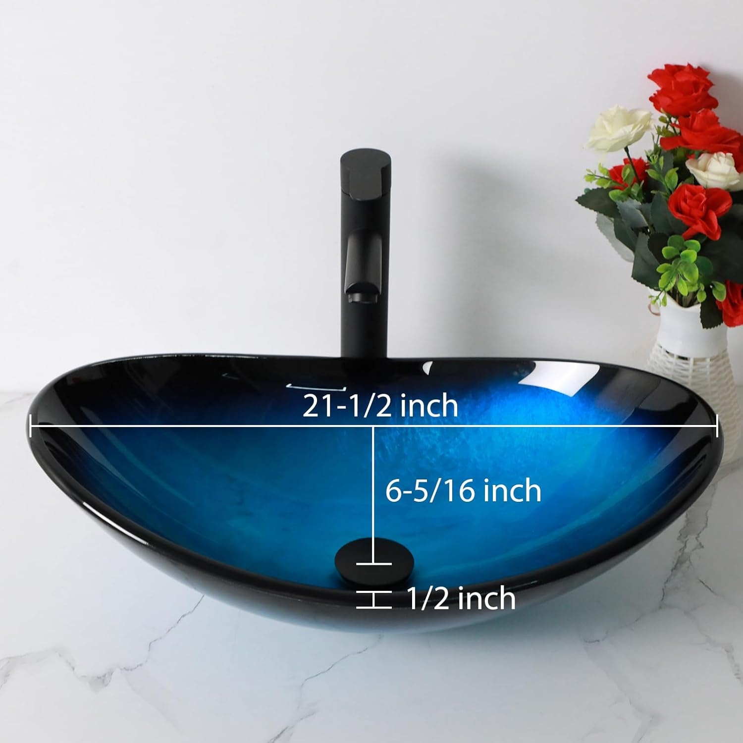 21" Blue Glass Vessel Sink With Faucet And Drain Combo Modern Boat Shape Artistic Basin Bathroom Vessel Sink