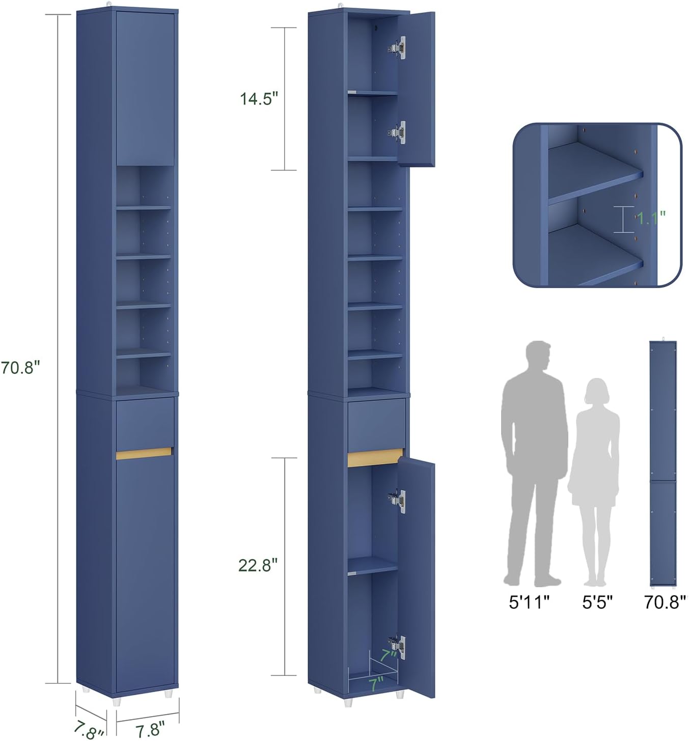 Tall Slim Bathroom Storage Cabinet with Drawer and Doors, Narrow Freestanding Organizer for Small Spaces, Adjustable Shelves for Towels