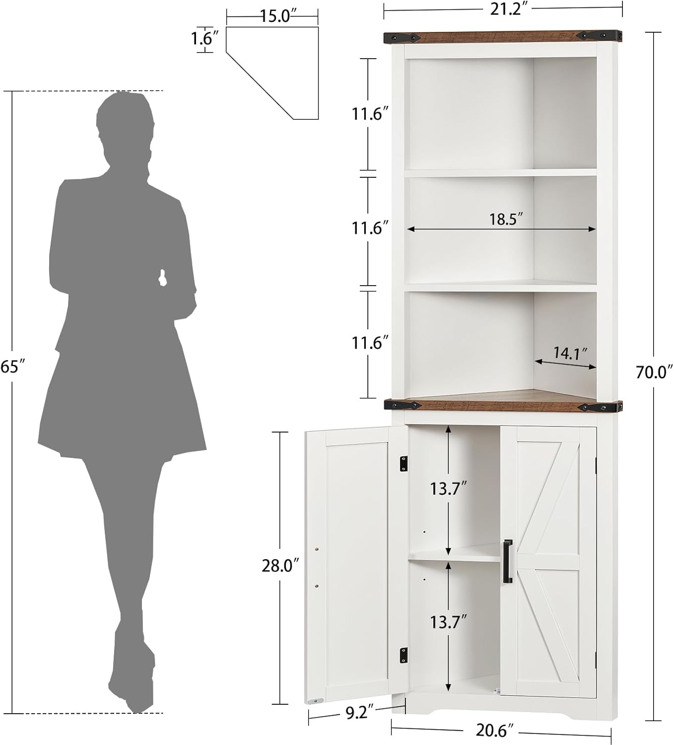 Farmhouse Corner Cabinet, 70" H Tall Corner Hutch with 5 Shelves & 2 Barn Doors, Bathroom Cabinet with Adjustable Shelf