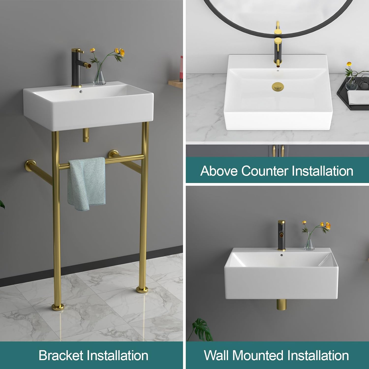 Rectangular Ceramic Console Sink with Brushed Gold Stainless Steel Pedestal