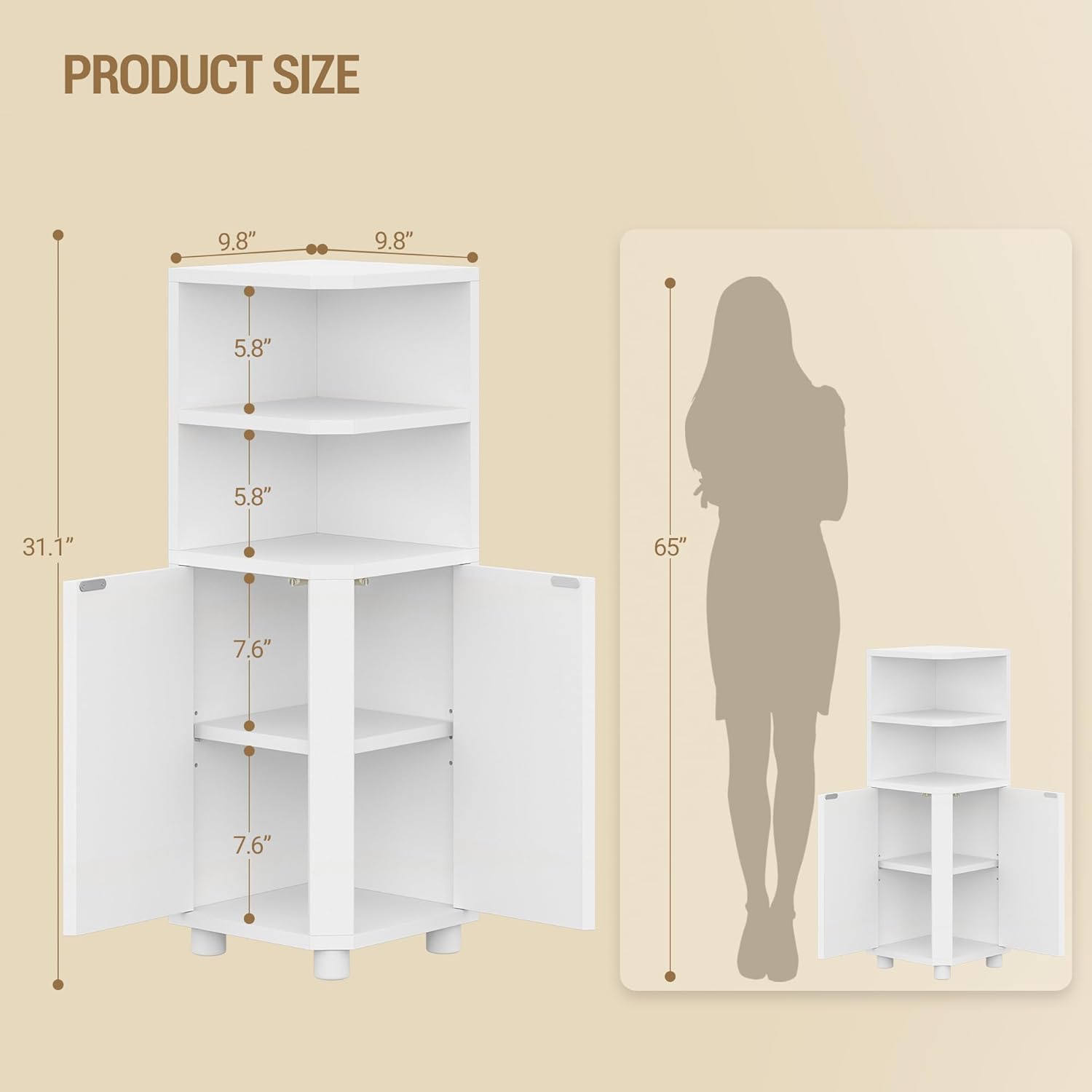 Small Bathroom Corner Cabinet with Doors, Narrow Storage Cabinets with Adjustable Shelves, Bathroom Organizers and Storage for Small Space