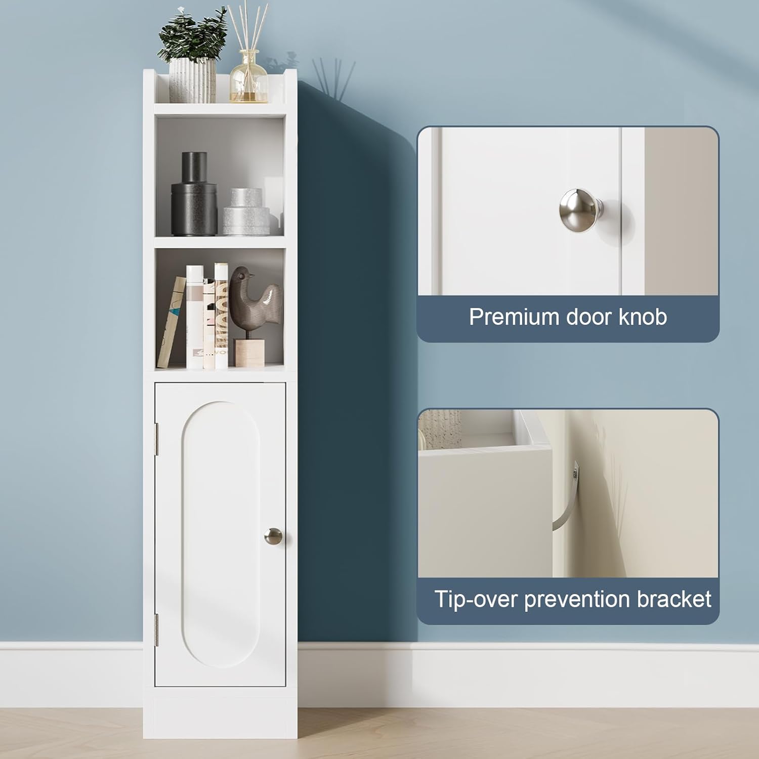 31.5" Small Bathroom Storage Corner Cabinet, Narrow Bathroom Cabinet Organizer with Doors and Adjustable Shelves, Slim Toilet Paper Holder for Small Space