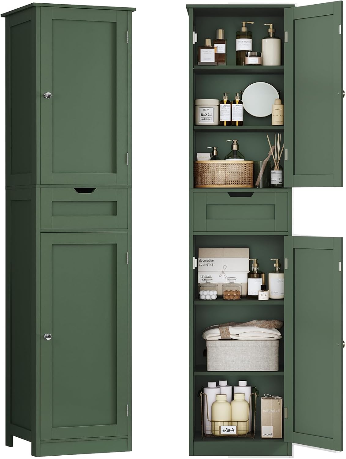 Bathroom Cabinet, Narrow Bathroom Storage Cabinet with 5 Adjustable Shelves & Drawer, Freestanding Cupboard for Small Spaces
